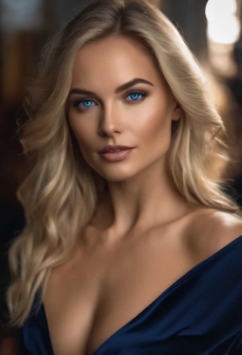 a close up of a woman with a medium size breast, perfect face model, at the club, clothed, blonde, fit body, silk skin, blue eyes, perfect face, attractive facial features, collage girl