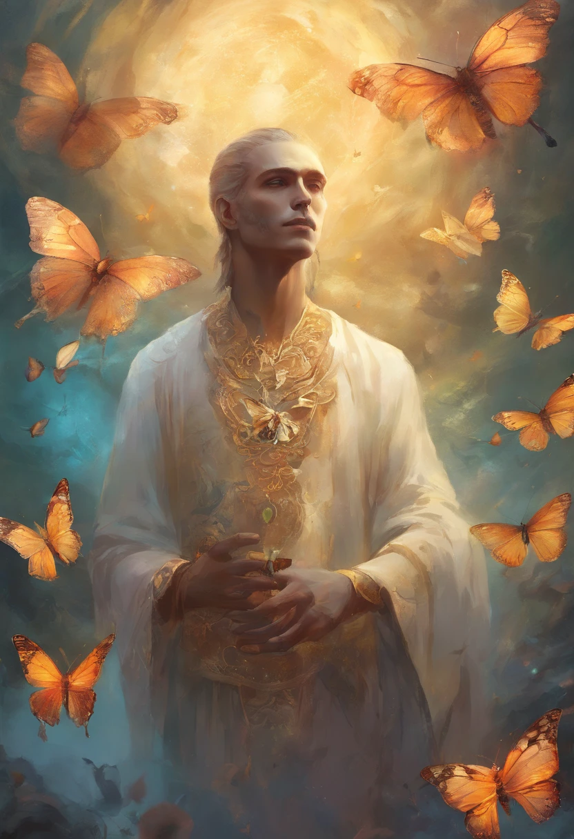 Figure with a skull in his left hand and butterflies flying on his right