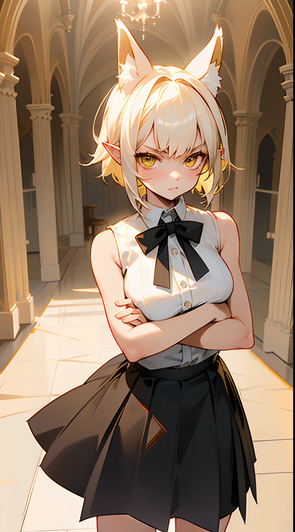 masterpiece, best quality, teen girl, cute face, yellow eyes, normal breast, white shirt, sleeveless, black skirt,hair white ribbon ,short hair, platinum blonde hair, pointy ears,fox ears,serious,(standing in a room in castle),crossed arms,cowboy shot