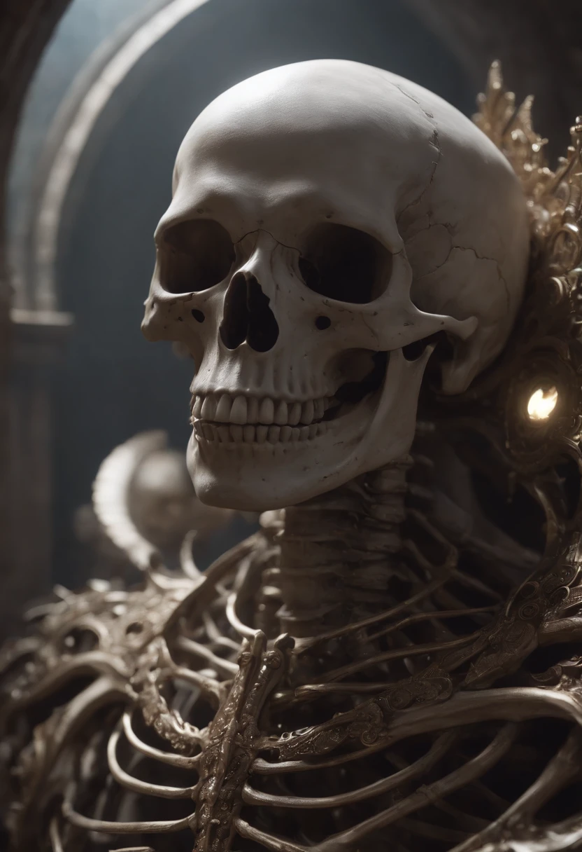 The Skeleton King and Lucifer talk to each other in a pile of corpses, fantasy, Giros, elegante, Altamente detallado, centrado, Analog measurement, Pintura de un, Giros, volumetric illumination, Beautiful, Una obra maestra de colores ricos y profundos, foco nítido, Ultra - detallado, al estilo de Dan Mumford y Mark Simonetti, astrofotografía wrapped rose skull church stained glass window corona general plan pts with mushroom texture on face covering his eyes hr giger, best quality, high quality, intricate details, ultra sharp and extremely detailed cg unity 8k wallpaper, chromatic aberration, extremely detailed, trending on artstation, trending in cgsociety, high detail, bioorganic biomechanics midjourney eye art, 4k, masterpiece, high resolution, absurd, natural volumetric lighting and best shadows, deep depth of field, sharp focus, 4k, masterpiece, high resolution, absurd, natural volumetric lighting and better shadows, deep depth of field, sharp focus hr giger, 4k, masterpiece, highres, absurdres, natural volumetric lighting and best shadows, deep depth of field, sharp focus