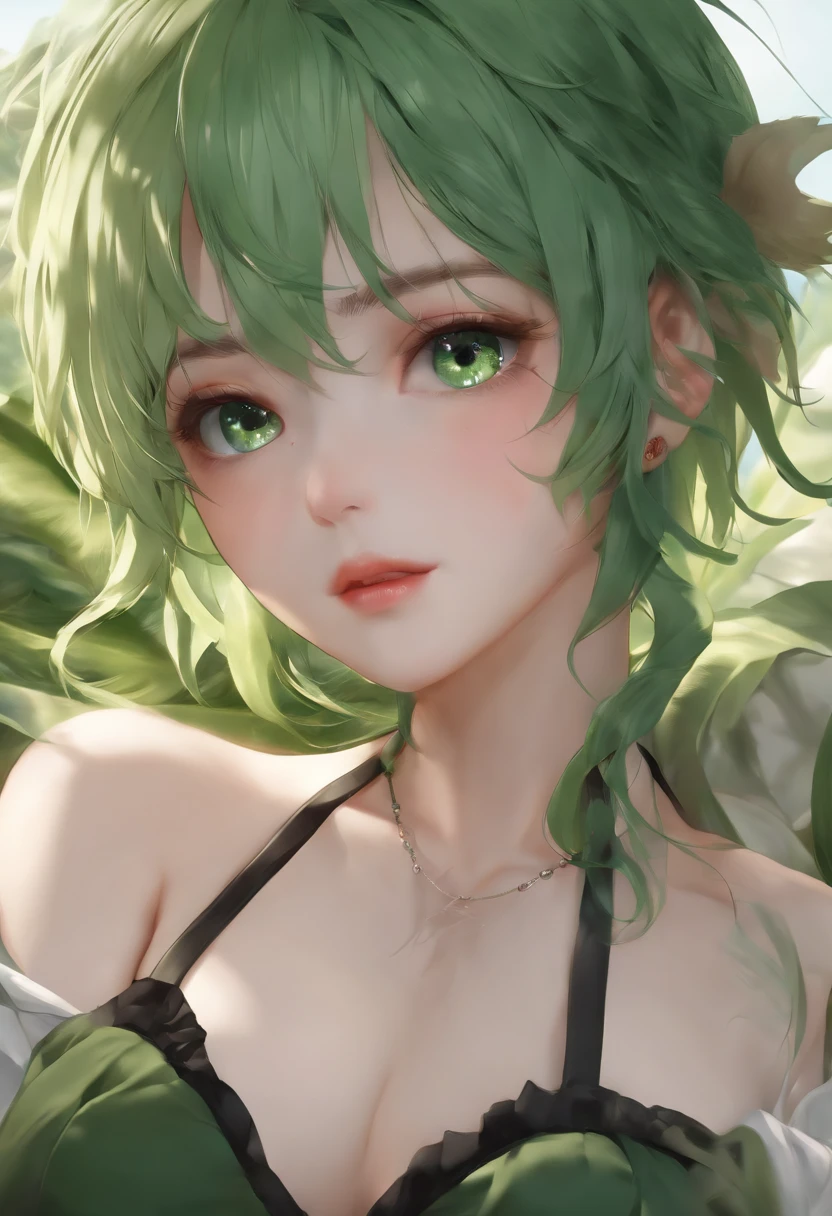 (Best Quality,4k,8K,hight resolution,Masterpiece:1.2),Ultra-detailed,(Realistic,Photorealistic,photo-realistic:1.37), green hair, Heterochromia of the eyes, Neko's Girl, covering his bare chest with his hand, Erotic, green hair, fluttering in the wind, beautiful detail eyes, detailed lips, detailed breasts