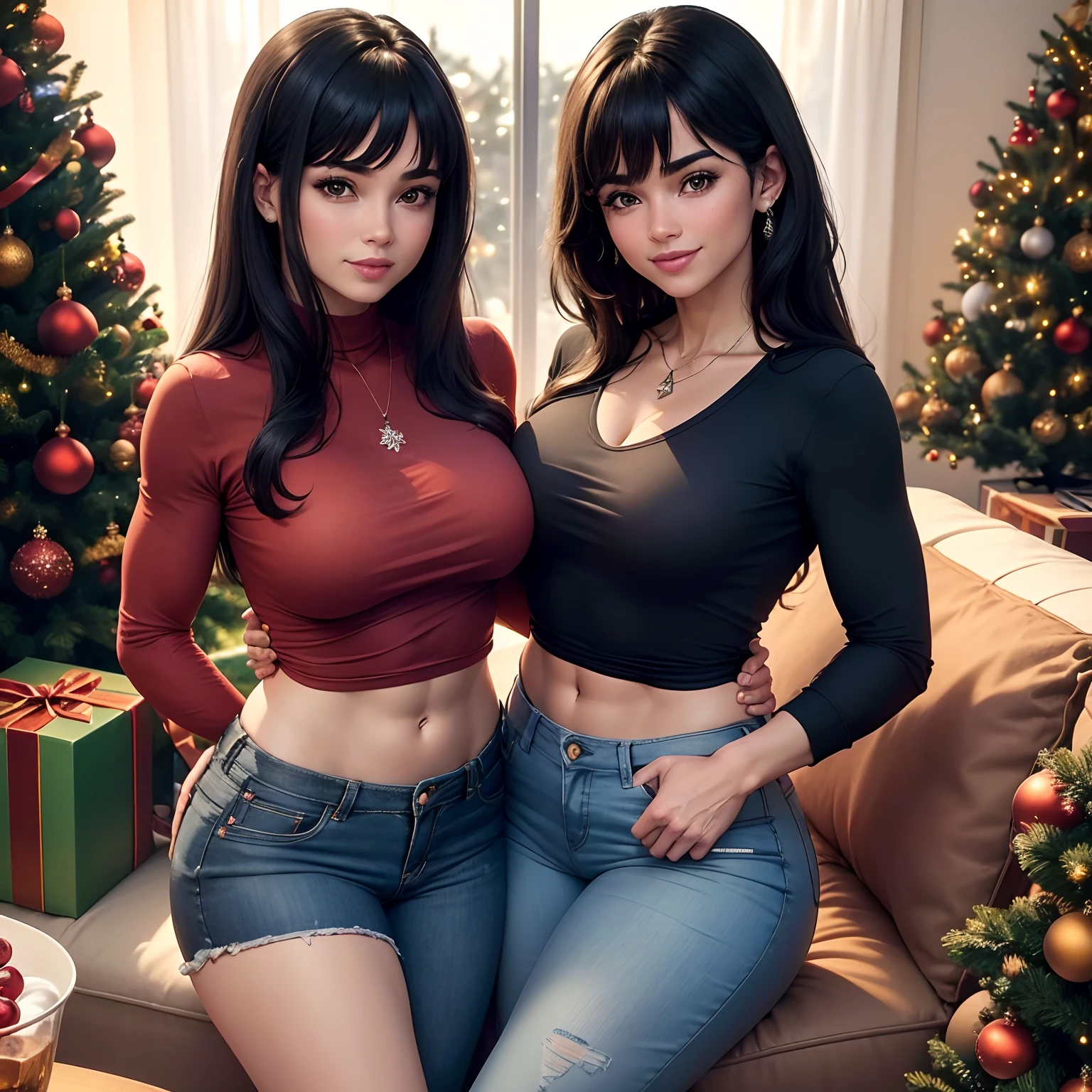 NSFW. ((Nude)), (((1girl only)) elf woman with slightly pointed ears, black hair with bangs and two braids, wearing a red Santa hat, nude, (pubic hair), trim fit physique, (elegant, beautiful face), (skin details), kpop, (very detailed face), brown eyes, (very detailed and expressive force eyes), smiling, at night, legs spread, in a medieval room by a Christmas tree and a blazing stone fireplace, classic illustration, Masterpiece