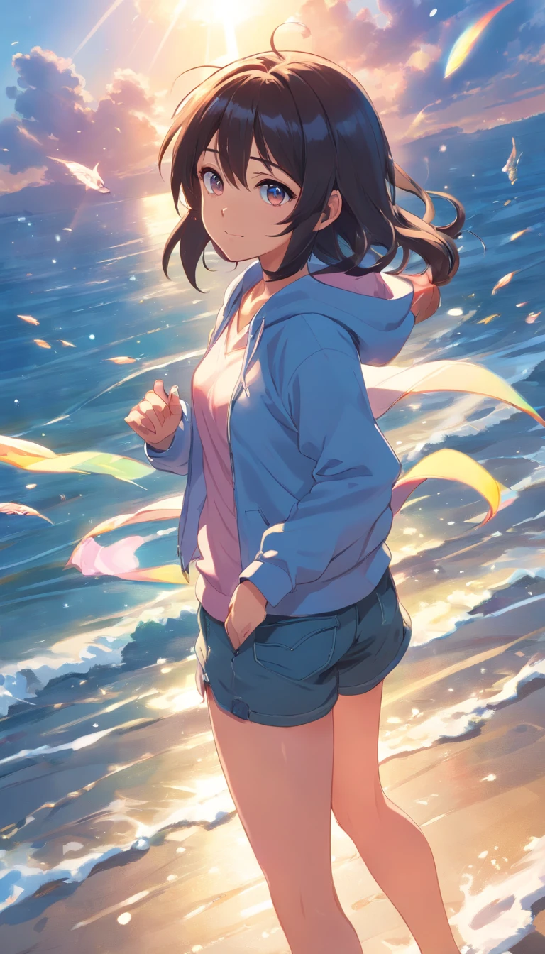Generate a masterpiece featuring a solo anime girl character, black normal long hair, shiny rainbow eyes, white shiny skin, pretty smile on face, high school uniform, pink hoodie, jeans shorts, enjoying the moment, floating in cloudy blue sky, bright sunny day chilly air, hair floating, fantasy view, water transparent fishs swirling around her, her appearance reflecting on fishs, sunlight reflecting on her eyes, extra eyes detailed, extra face detailed, extra hair detailed, extra texture detailed, extra outfit detailed, high resolution wallpaper, high quality image, inspired by Makoto shinkai art style, capture a tenki no ko movie iconic moment