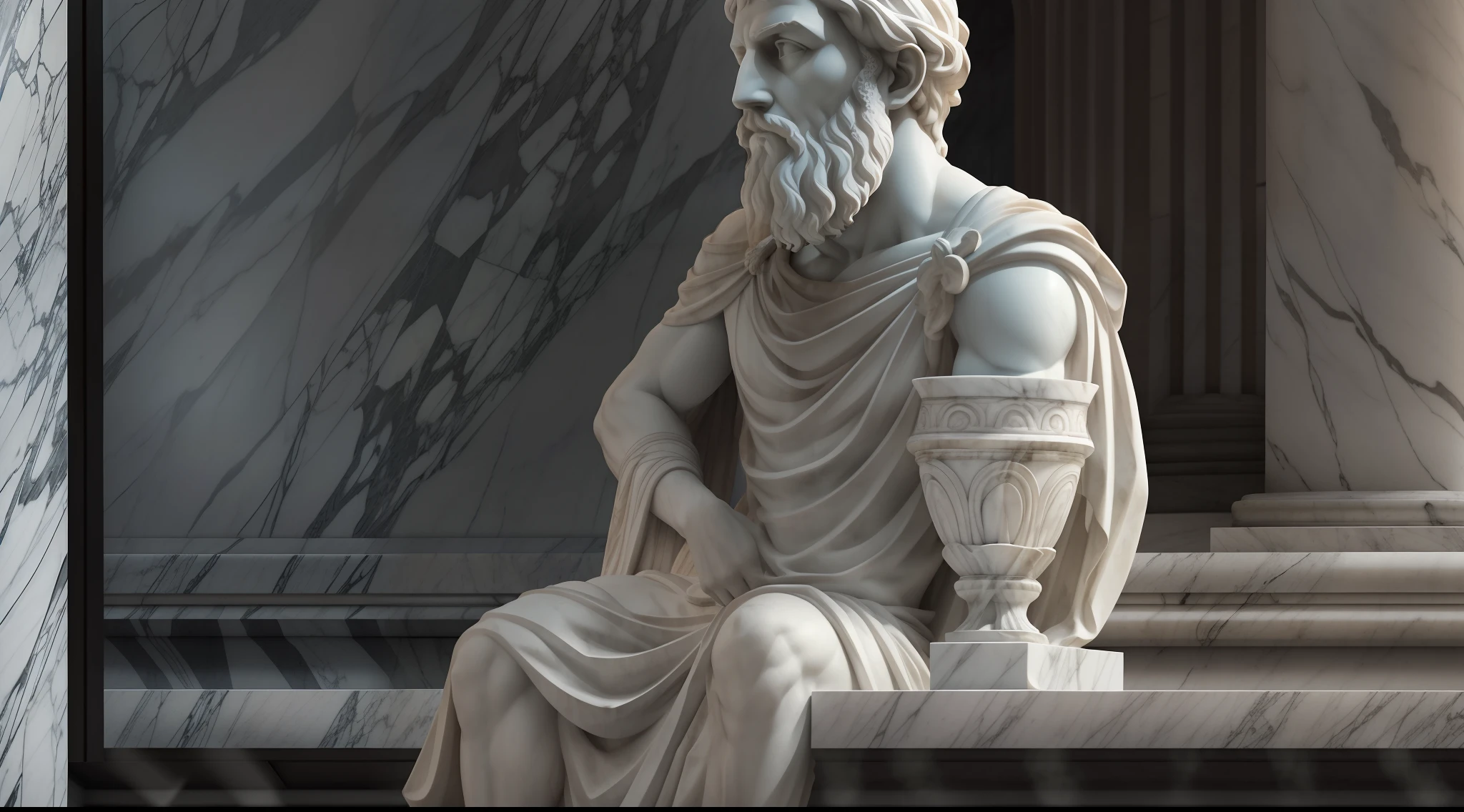 A realistic Greek white marble statue of thoughtful brave Aristotle detailed wearing a ghostly toga, fundo neutro, Moody, , fotorrealista, thoughtful movie dinner, super detalhada, hiper realista, luzes brilhantes, 8 K