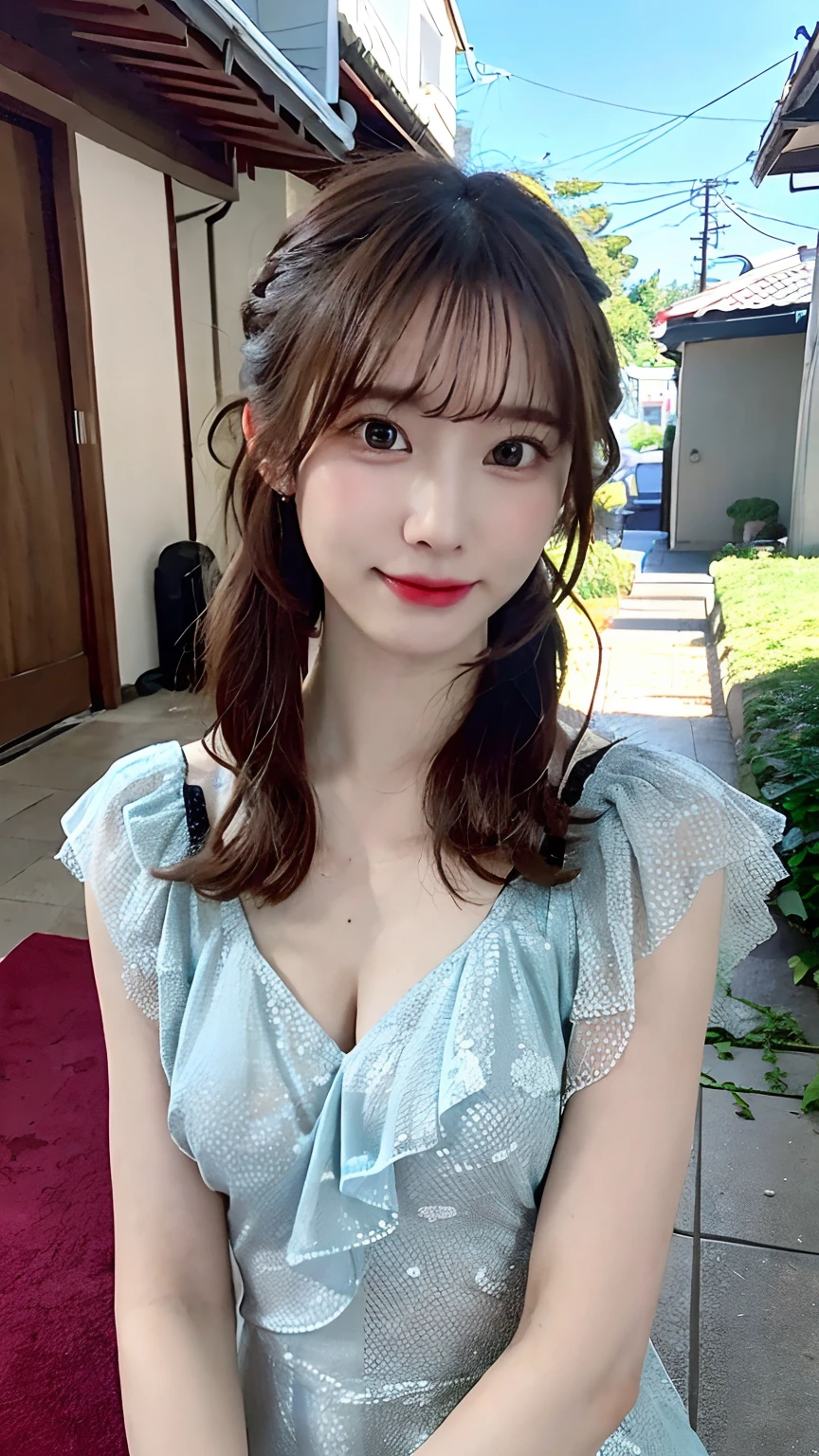 (masterpiece:1.3), (8K, Photorealsitic, Raw photography, Top image quality: 1.4), Japan high school girls、(Random hairstyles:1.2)、(small tits)、Super Detail Face、Eye of Detail、二重まぶた、foco nítido:1.2、prety woman:1.4、light brown hair、Yokai Maki、top-quality、masterpiece、超A high resolution、(Photorealsitic:1.4)、slender、A smile、(eye line:0.8)、(Looking at the camera)、((natta:1.3))、 (aqua dress:1.4)、(outside of house、natta:1.1)、Walking the streets