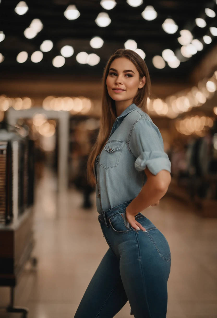 (best quality, 8k, 32 mil., obra-prima, UHD: 1.2), Foto de mulher branca loira bonita, Peitos grandes, parte superior do corpo, Gesichtsfokus, Camisa, Colar, Plano de fundo simples, De cima, Olhando para o espectador, Grande centro comercial, Carregue sacolas de compras, ultra realista,