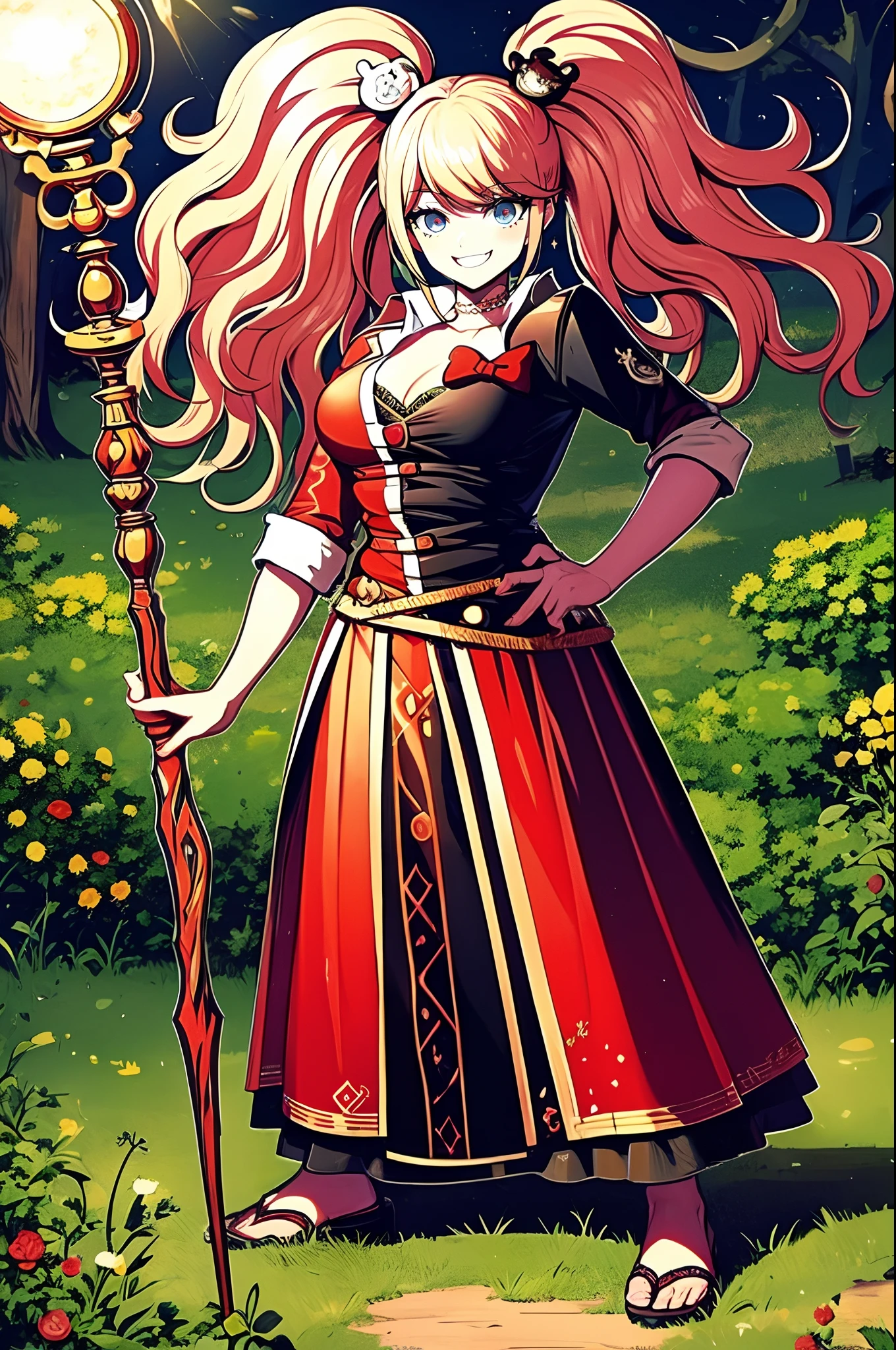 junko enoshima, european medieval cloths, crazy smile, big breast, large skirt, long skirt, flipflops, full body, standing, medieval clothing,vintageillustration, staff holding holy sun staff, long skirt