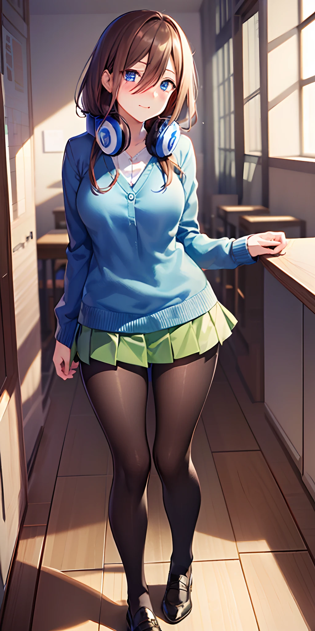 masutepiece, Best Quality, (Very detailed CG Unity 8K wallpaper) (Best Quality), (Best Illustration), (Best Shadows), Miku Nakano, Brown hair, Blue eyes, classroom, Beautiful detailed eyes, looking at viewer, Blue Cardigan,Green pleated skirt,happy,embarrassed,Black pantyhose