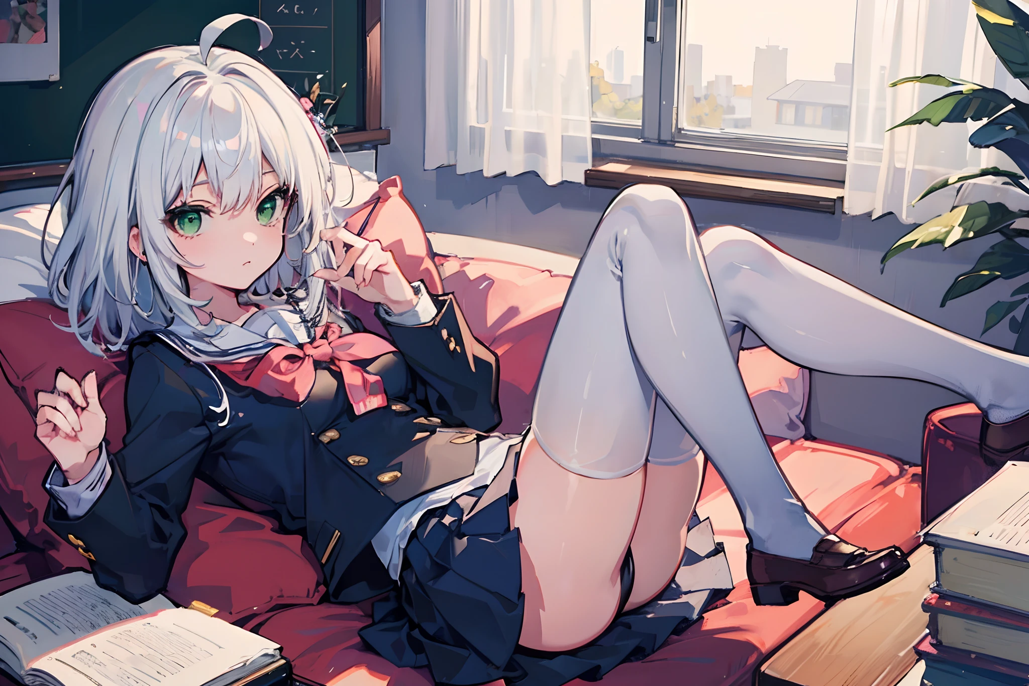 masterpiece, best quality, bishoujo, white hair, medium hair, ahoge, green eyes, school uniform, white thighhighs