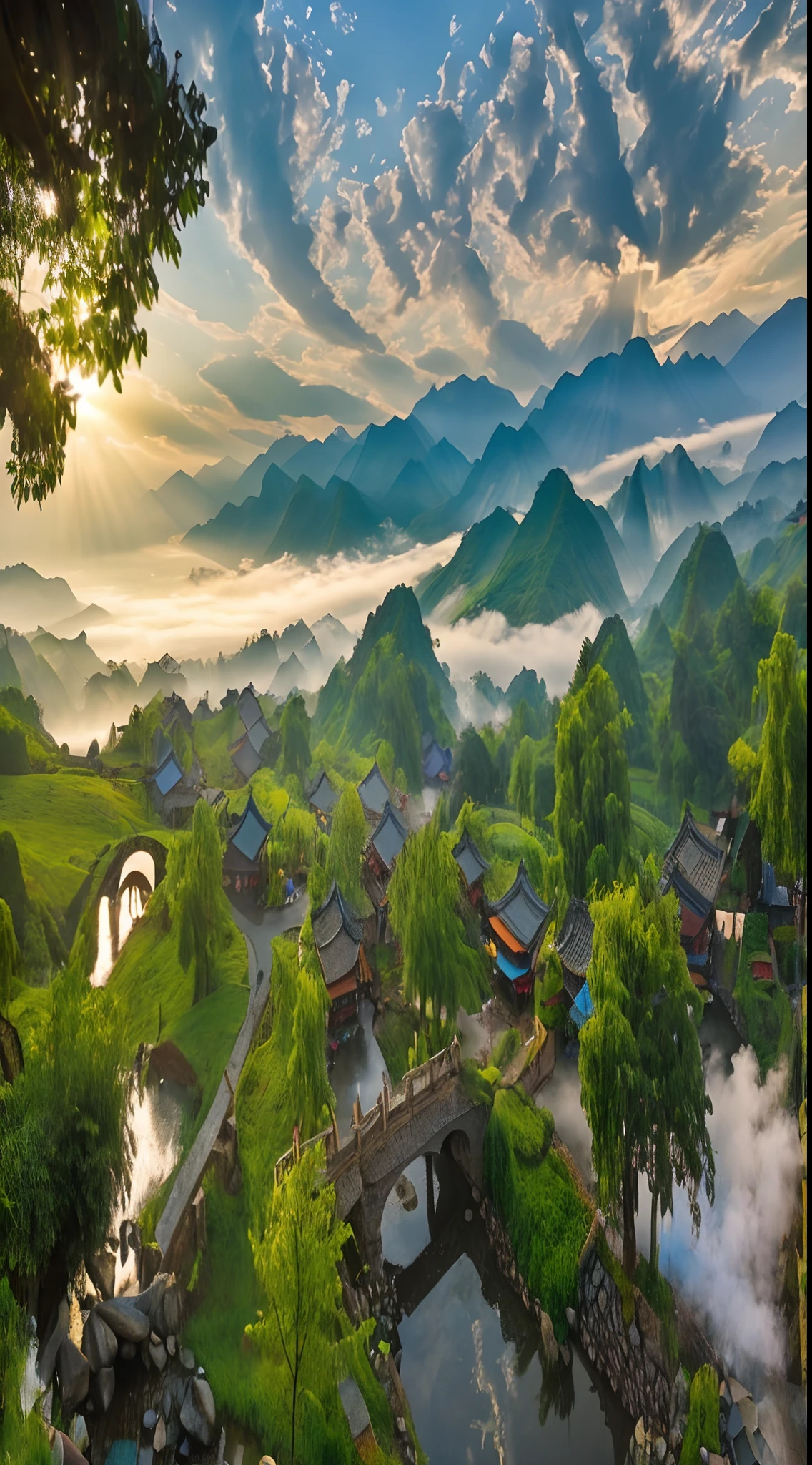 A small mountain village in China,after rainny,Stone bridge,flowingwater,Smoke,Cloud fog,green color,View in the distance,8K,Realiy,Healing landscape,Ultra-clear,A high resolution,willowy,