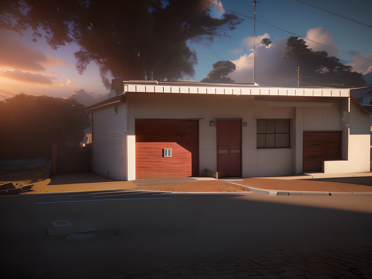 There is a white building with a red roof and a red roof, Processado, semi-realistic rendering, renderizado em Arnold, renderizado no motor arnold, renderizado no lumion pro, pre-rendered, realista estabelecendo tiro, captura de tela fotorrealista, finalrender, renderizado em unreal engine 3d, [ Fotorrealismo 4K ], renderizado em unidade 3 d, renderizado no Unreal Engine 3