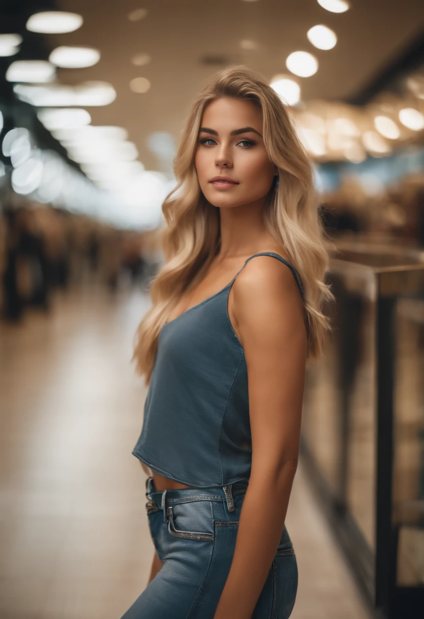 (Mikayla Demaiter) Blonde person posing in a mall clothing store, best quality, 1girl, blur background, bokeh, (mall:1.4), ((wearing casual clothes)), gorgeous, beautiful detailed sky, (dynamic pose:1), soft lighting, wind, ((portrait:1.4)),