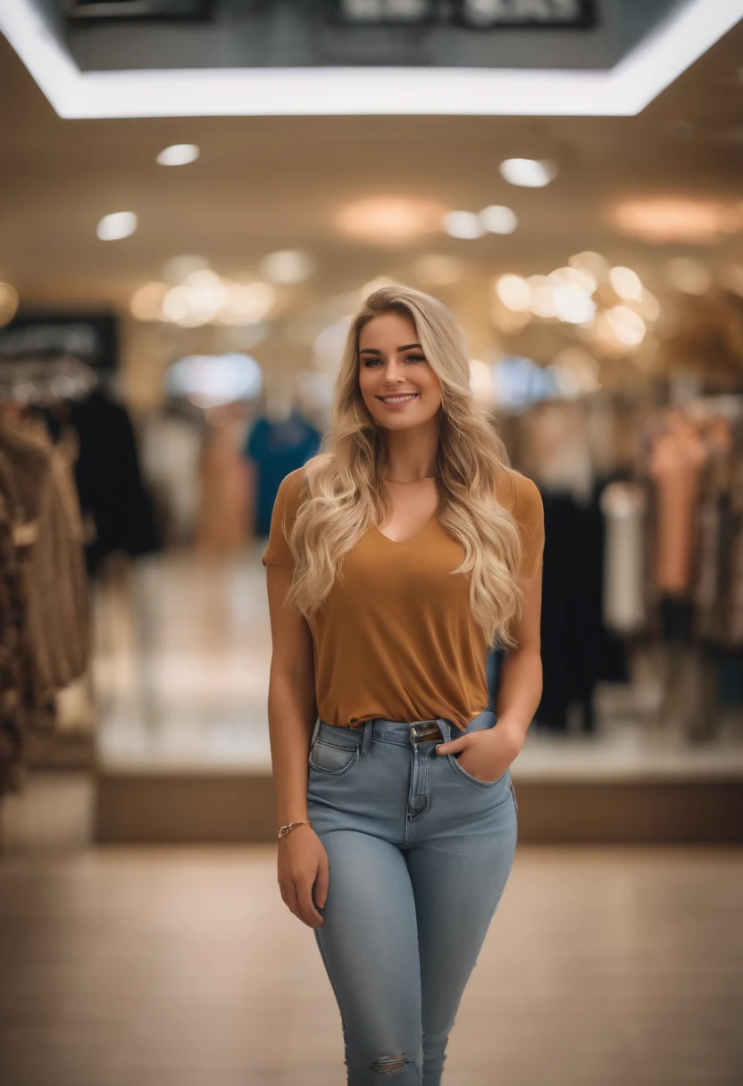 (Mikayla Demaiter) Blonde person posing in a mall clothing store, best quality, 1girl, blur background, bokeh, (mall:1.4), ((wearing casual clothes)), gorgeous, beautiful detailed sky, (dynamic pose:1), soft lighting, wind, ((portrait:1.4)),