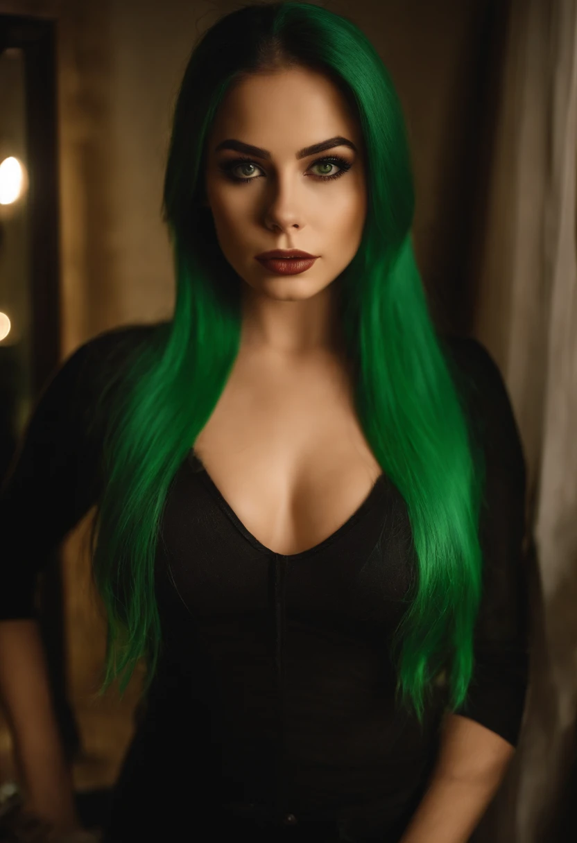 Mujer en lenceria, senos grandes, Chica sexy con ojos verdes, selfie, Cara de Abril Lavigne, cuerpo completo, en el dormitorio, de noche