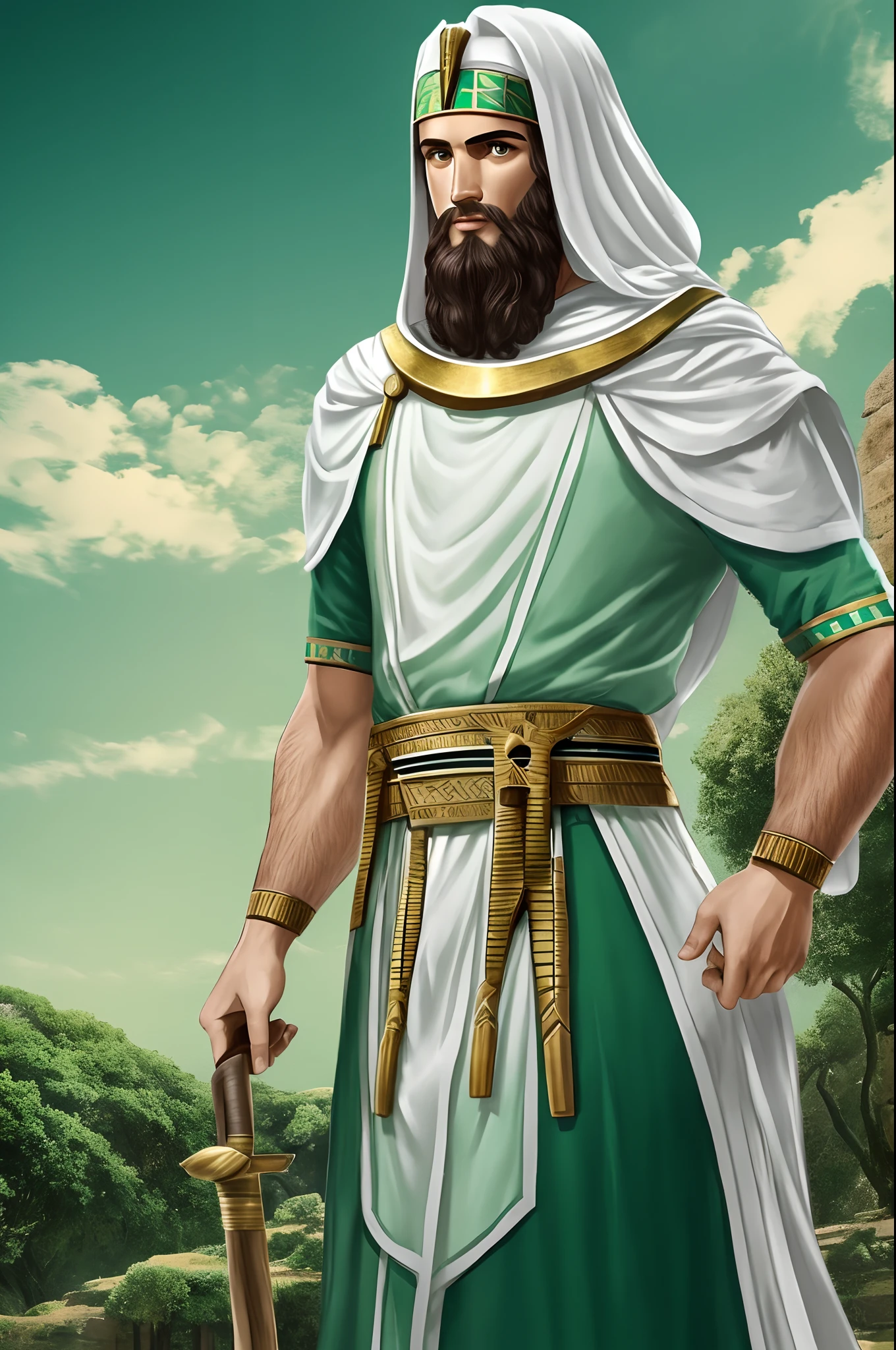 Middle Crete with a green tunic and white clothing, cabelo moderno, sem barba, rosto quadrado, com um furinho no queixo, He is a physician in the time of Ancient Egypt, this standing appearing the whole body