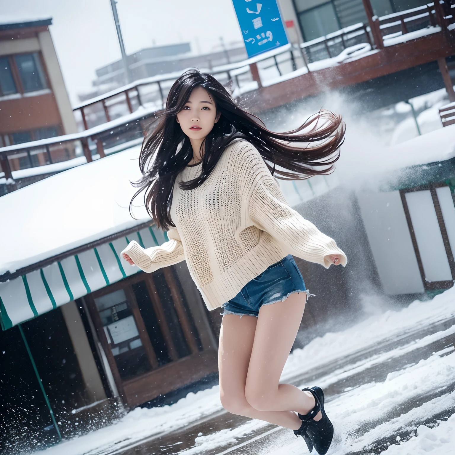 A Japanese Lady、beauitful face、二重まぶた、Longhaire、voluminous hair、Black sweater、Micro shorts、hotpants、beauty legs、landing、tall、Raw feet、Height 175 cm、Black pin heels、landing、Oyuki、snow blowing、snow cover、heavy wind、Snowstorm is not visible ahead、Hair fluttering in the wind、Clothes fluttering in the wind、Visibility is poor due to heavy snow