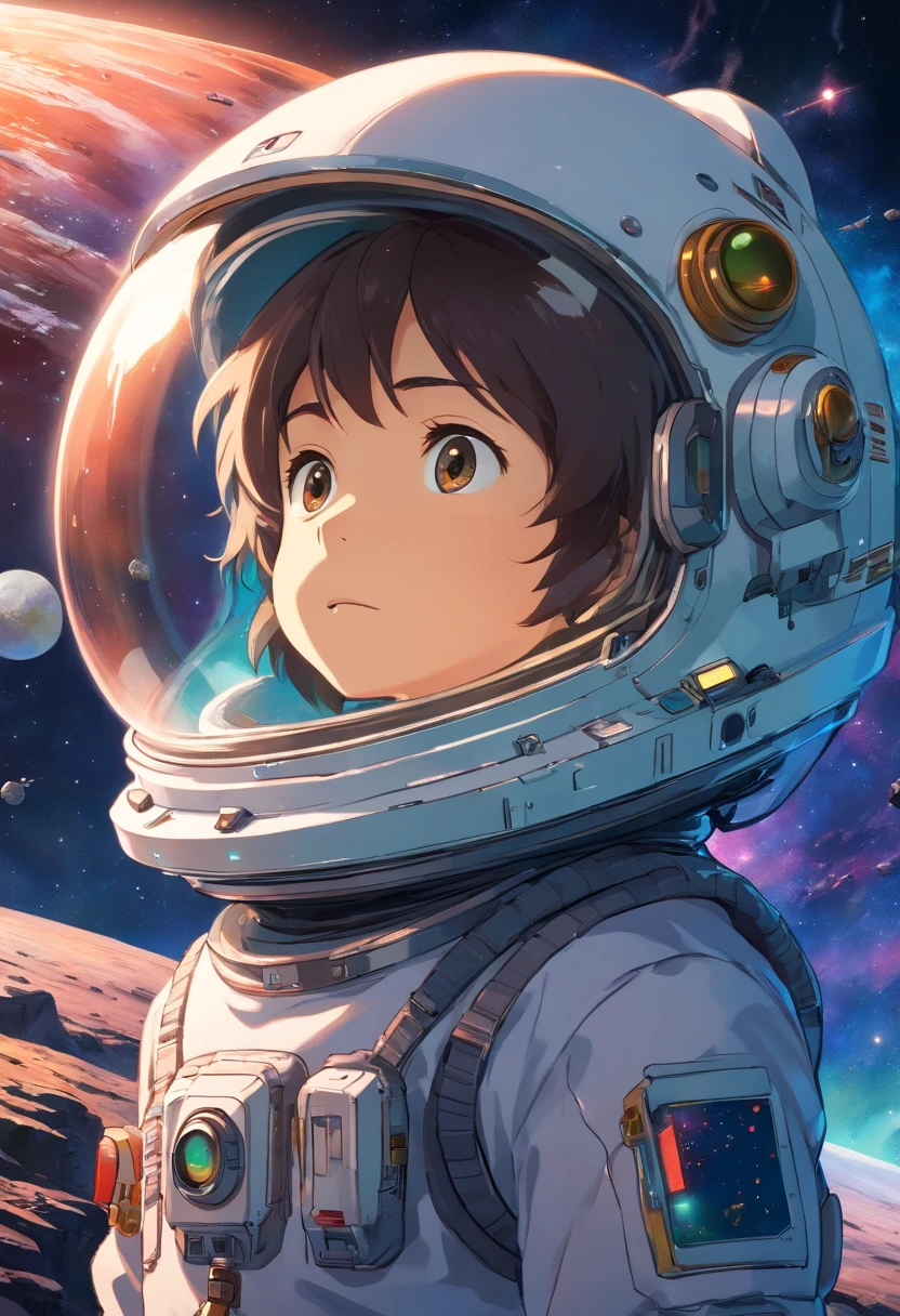 (best quality,4k,8k,highres,masterpiece:1.2),ultra-detailed,realistic:1.37,a boy in astronaut attire before,an advanced spacecraft,embarking on a grand space adventure,futuristic,huge interstellar vessel,sleek design,shiny metal surfaces,advanced propulsion systems,glowing thrusters,star-studded backdrop,vast cosmic landscape,majestic nebulae in the distance,beautifully illuminated by distant stars,detailed planetary surface,astronaut helmet reflecting the surrounding environment,boy's determined expression,lush greenery behind the spacecraft,a sense of excitement and anticipation,epic journey into the unknown,captivating sense of wonder,extraterrestrial exploration concept,otherworldly colors,space exploration at its finest