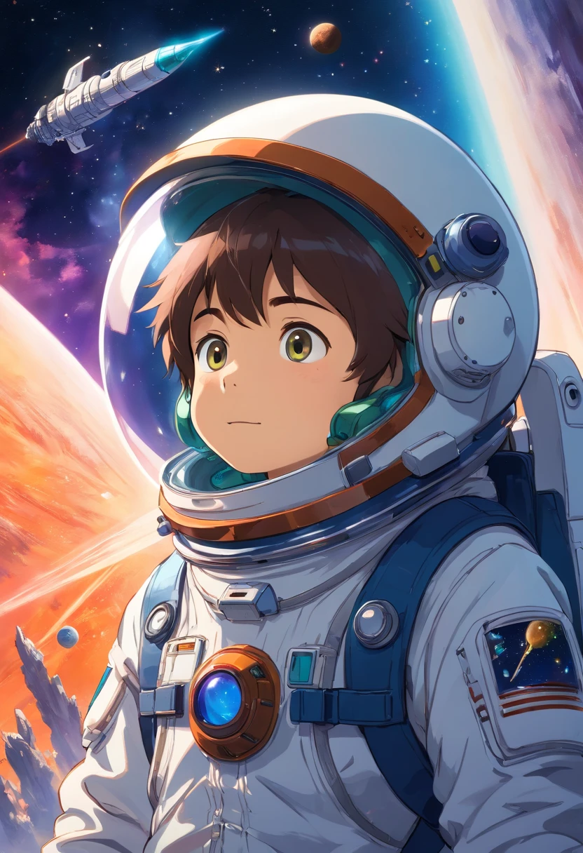 (best quality,4k,8k,highres,masterpiece:1.2),ultra-detailed,realistic:1.37,a boy in astronaut attire before,an advanced spacecraft,embarking on a grand space adventure,futuristic,huge interstellar vessel,sleek design,shiny metal surfaces,advanced propulsion systems,glowing thrusters,star-studded backdrop,vast cosmic landscape,majestic nebulae in the distance,beautifully illuminated by distant stars,detailed planetary surface,astronaut helmet reflecting the surrounding environment,boy's determined expression,lush greenery behind the spacecraft,a sense of excitement and anticipation,epic journey into the unknown,captivating sense of wonder,extraterrestrial exploration concept,otherworldly colors,space exploration at its finest