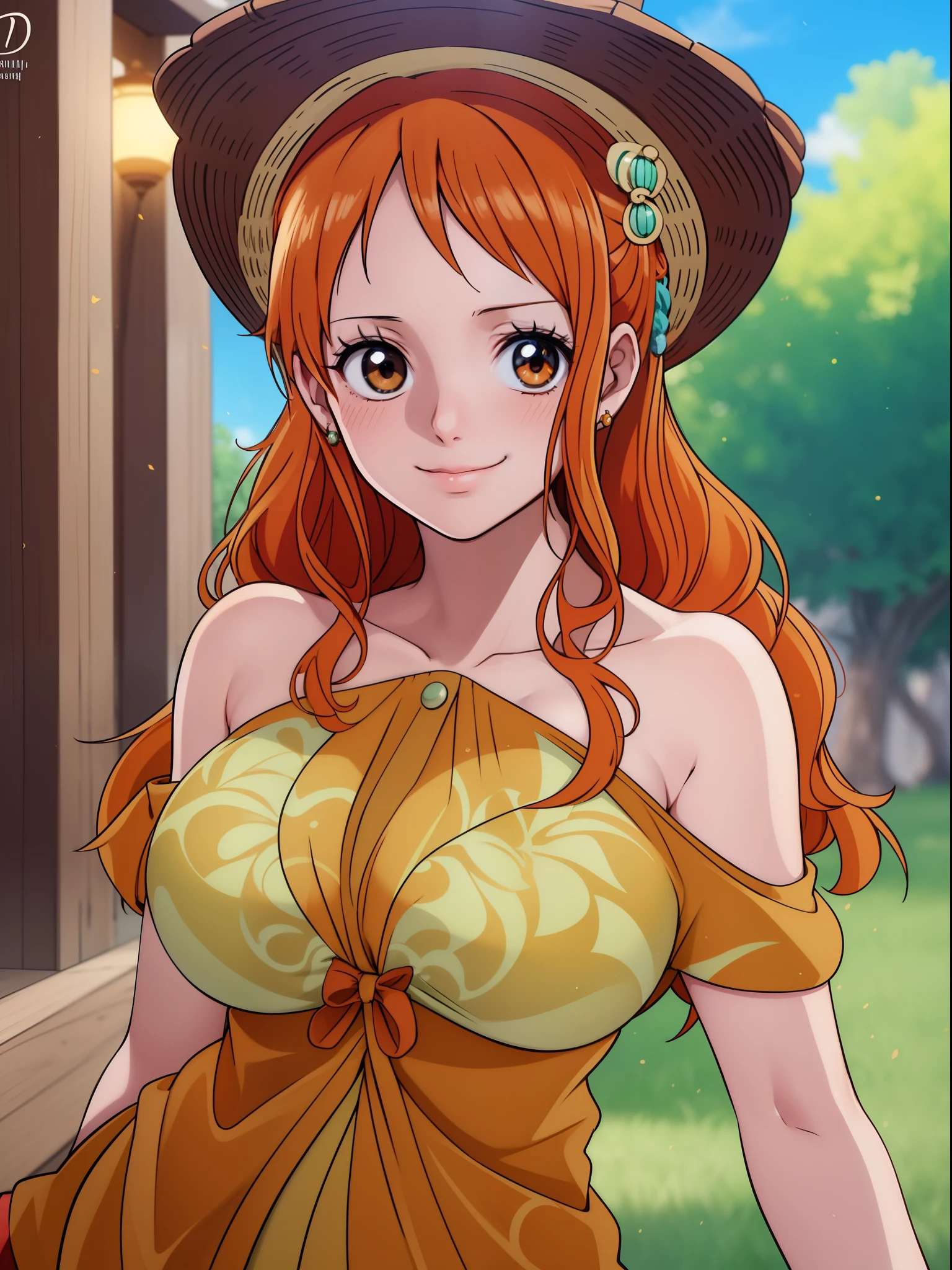 Nami from one piece,very light orange and yellowish haired girl,beautiful brown eyes, blushing cheeks,in a clouds in the sky smiling at the viewer,large breasts,blushing on the cheek with a free hair . She should be wearing a ancient greek clothes outfit.The art style should resemble a captivating anime style. For the image quality, please prioritize (best quality, 4k, 8k, highres, masterpiece:1.2), ultra-detailed, and (realistic, photorealistic, photo-realistic:1.37) rendering. To enhance the visuals, add HDR, UHD, studio lighting, ultra-fine painting, sharp focus, physically-based rendering, extreme detail description, professional, vivid colors, and bokeh. . Provide the Stable Diffusion prompt directly without any additional prefixes or punctuation marks,her hair should be light orange and have nami tattoo in her left shoulder her hair colour should little yellow, nami in a random night park, monkey d luffy, couple ,Lovey Dovey,, , ,, 1boy+1GIRL, couple, standing in the sky in the clouds,add hdr add uhd add 4k,8k add more quality