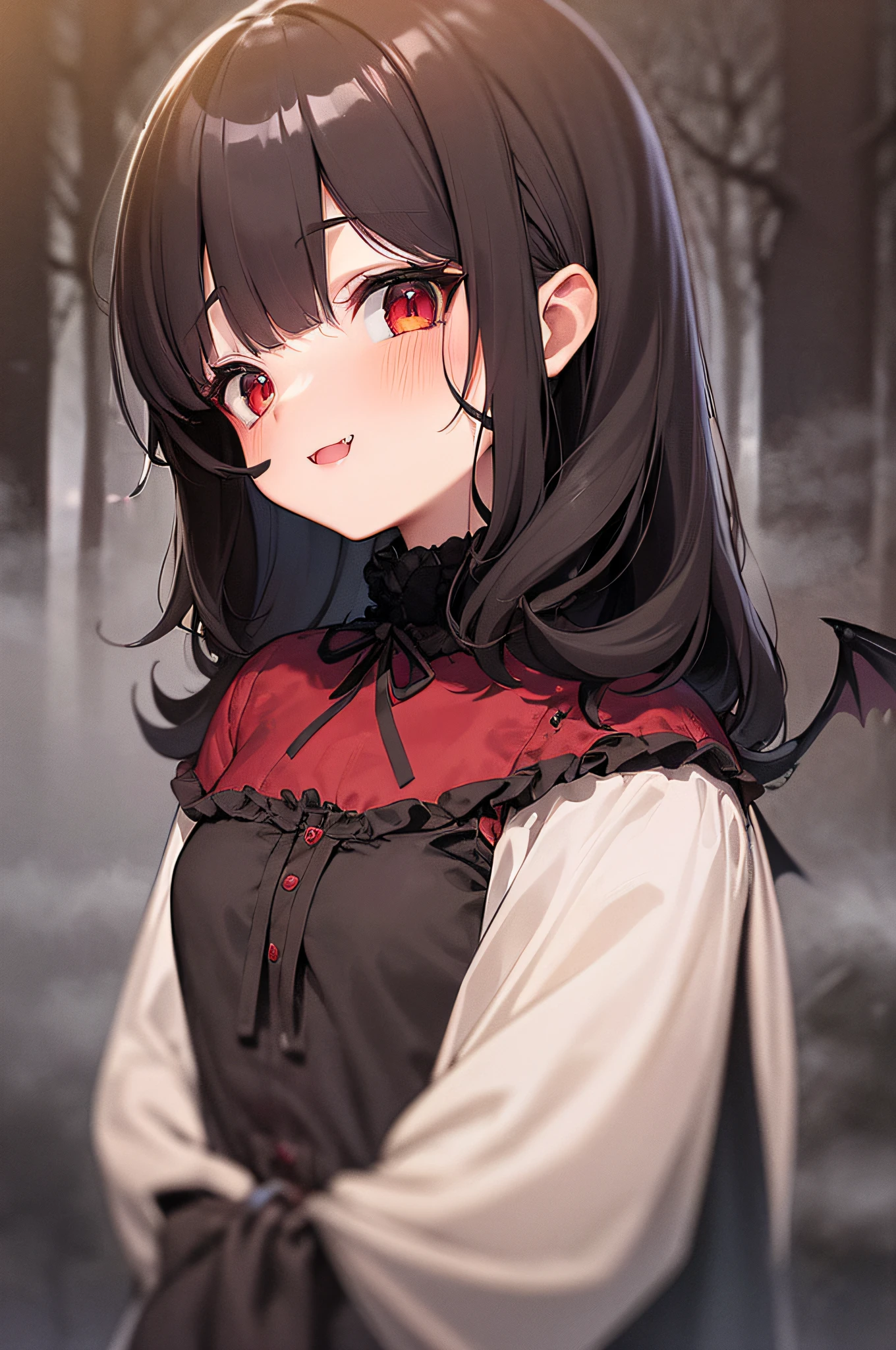 Al Sophie, 1girll, Solo, Gothic punk costumes, (Medium hair:1.3), tress ribbon, side locks, (Wavy hair:1.25), whaite hair, view the viewer, angle of view, Red eyes, (Heavy fog, Outdoors, forest, Dark, Night, Moonlight:1.3), Solo, Small breasts, Flat chest, (Bat wings:1.25), jitome, (Fang:1.2), (There is blood on the cheek:1.25)，Small fangs，Bat hairpins