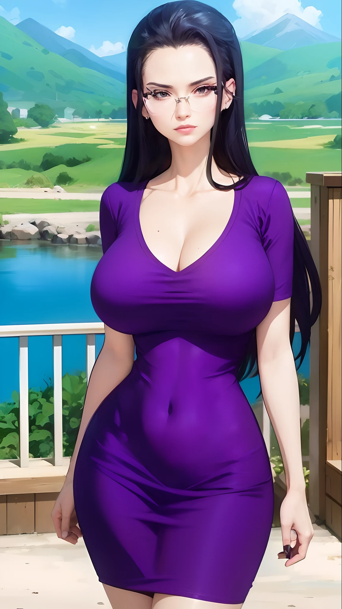 photorealistic, high resolution, soft light, 1women, solo, hips up, dynamic pose, shining skin, jewelry, tattoo, thigh,black hair,long hair,ear pendants,pearls and jewels, EdobNicoRobin, street wear, glasses on head, t-shirt, shorts