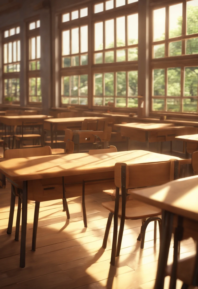 junior high school students, classroom, wooden tables and student chairs, windows,(anime style),(CG), atmospheric perspective, masterpiece,((from side)), accurate, ((best quality)), high quality, super detail, high details, anatomically correct, highRes, 1080p