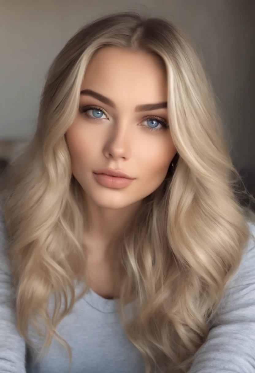 Arafed woman in full , Sexy girl with blue eyes, ultra realistis, Meticulous detail, portrait sophie mudd, blonde hair and large eyes, selfie of a young woman, bedroom eyes, violet myers, no makeup, natural makeup, looking straight at camera, face with artgram, fine makeup, Stunning full-length shot, kneeling on the bed, in bedroom, Bust of large size