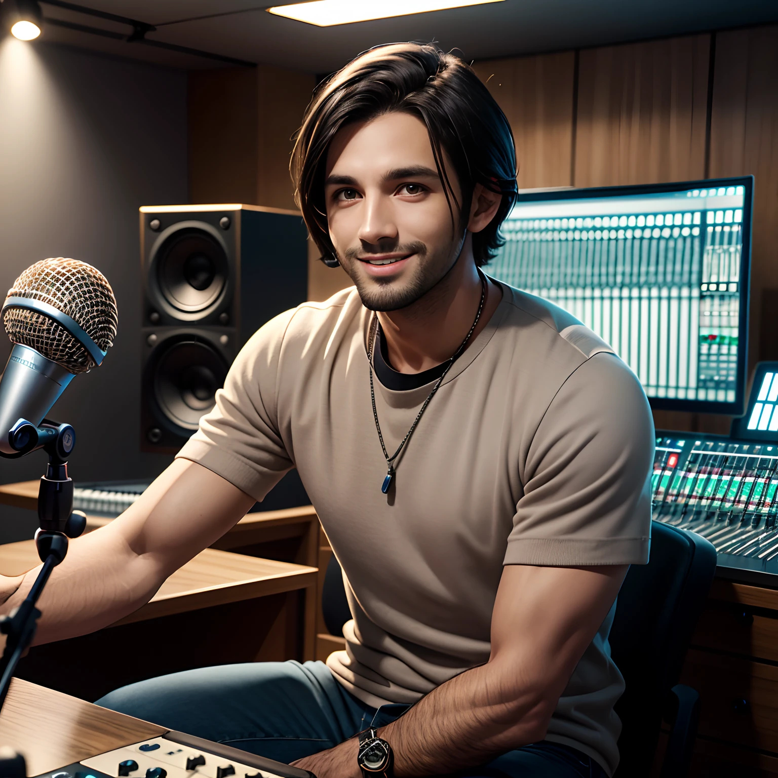 Recording studio scenario, male avatar, focus on camera, slim man, 34 years old, dark hair, hang gliding haircut, dark brown eyes, round face, round nose, smile on face, 90s style clothes, sitting in front to a SHURE SM7B microphone on a counter, 4k, UHD, cinematic