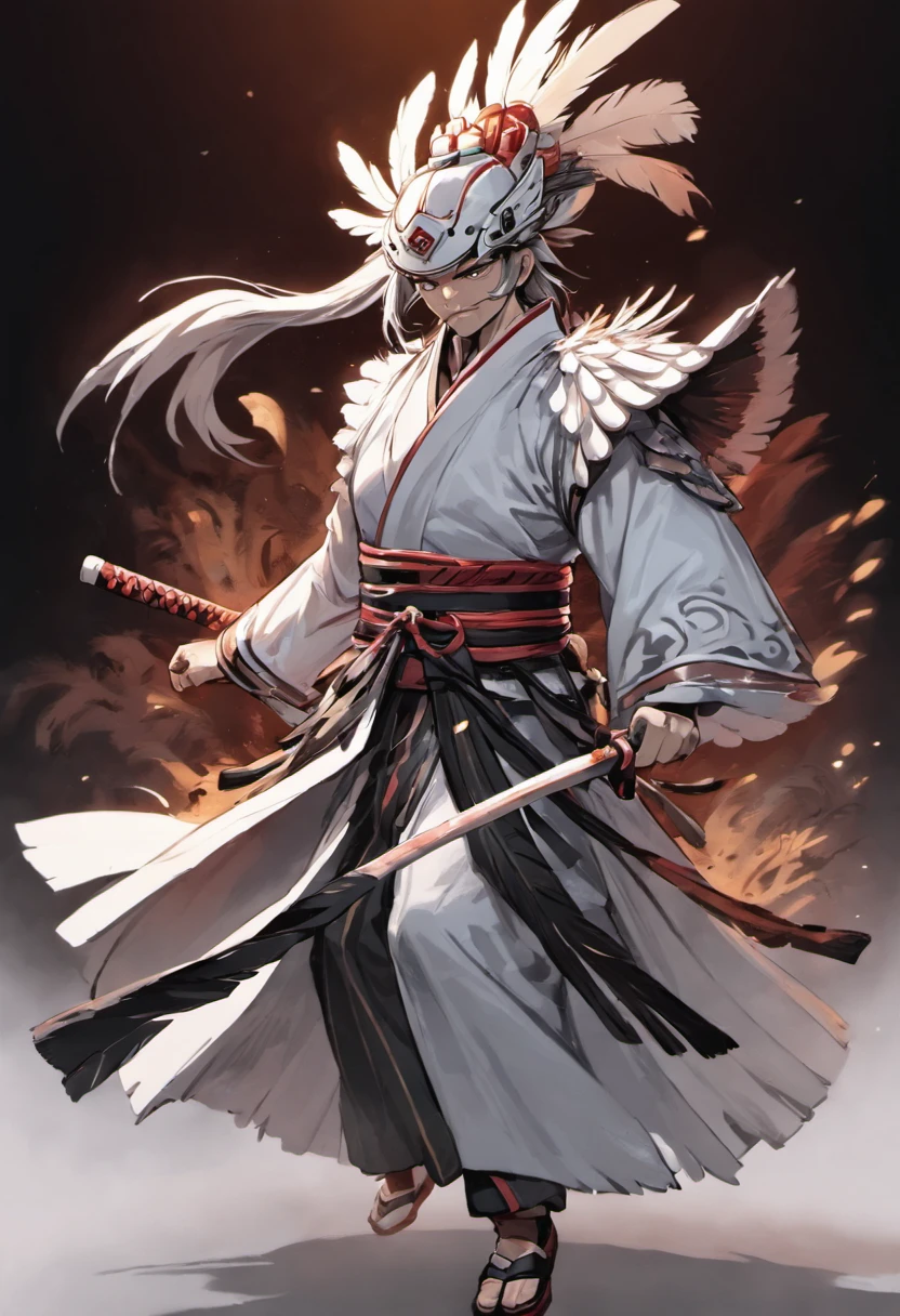 three kingdom, White clothes, Feather fan, White hat,A meticulous face,Clear face,Full body like,Shogun,with black background, High picture quality,tmasterpiece,best qualtiy,超高分辨率