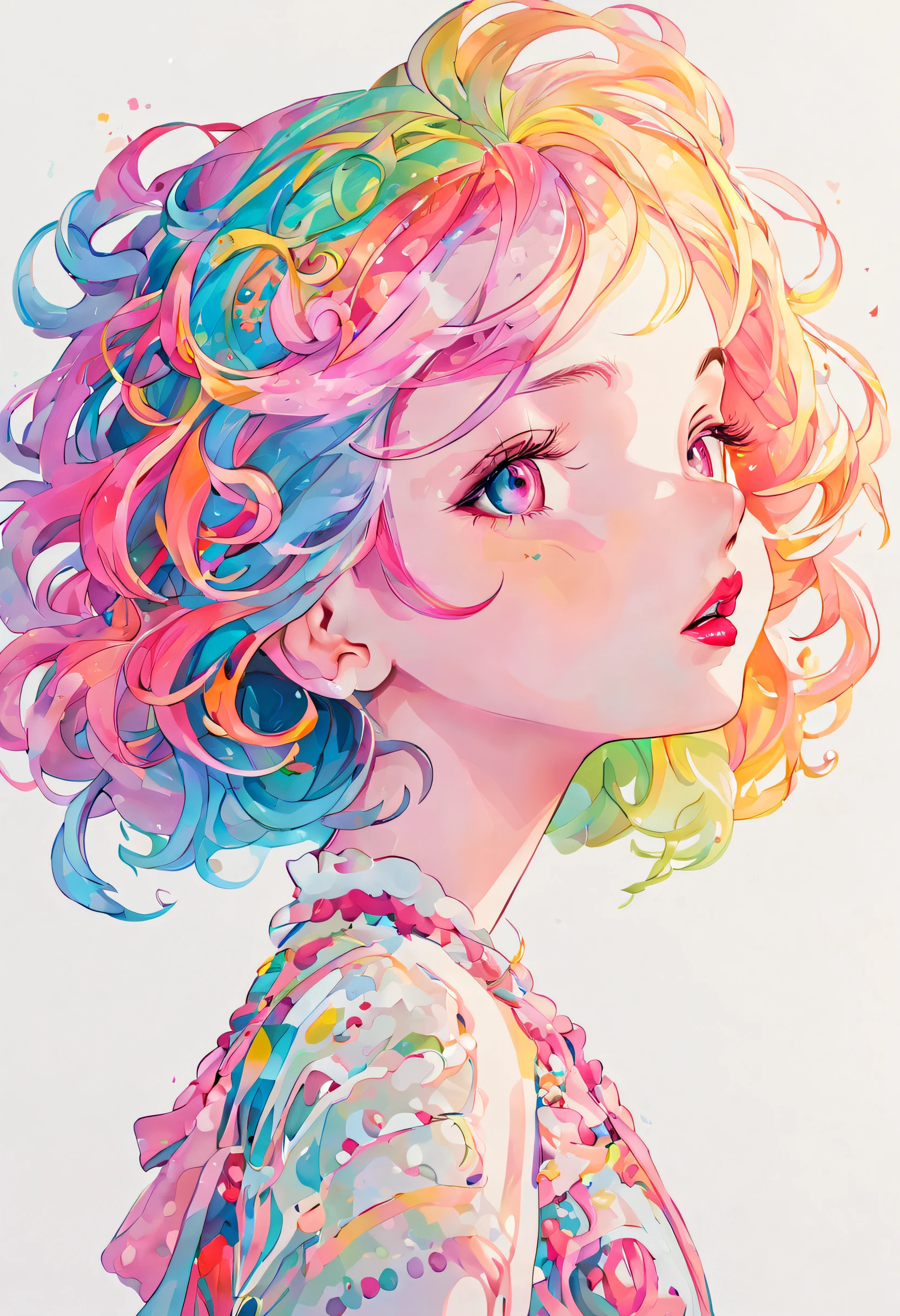 Experimente a obra-prima de alta qualidade, High-resolution art with a touch of vibrant colors on a clean white background. A sweet girl with rainbow hair and pink lips is in the foreground, its upper body adorned with intricate details and stylistic rendering