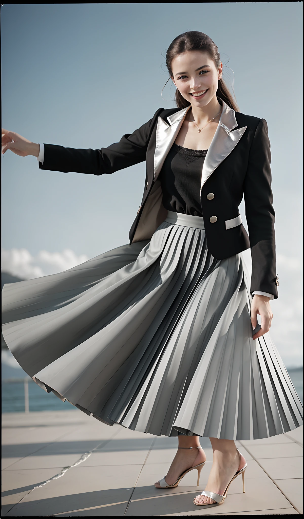 1984, very (seductive:1,9) (happy:1,8) smiling young girl wearing short blazer and very very detailed (long (fully pleated) full circle skirt) and (simple) low heeled office shoes, very very intricate hyper-detailed symmetric (attractive graceful young feminine face) with (sad, tired eyes and a shy smile), large breasts, full of empathy and compassion and love, (pronounced (feminine) features), (highly detailed ultra accurate realistic) hands and fingers, playing with skirt, dancing, (windy conditions and wind blowing), epic composition, highly detailed attributes, highly detailed atmosphere, (35mm f1.4 Kodak portra 400 photograph), extremely high quality RAW photograph,