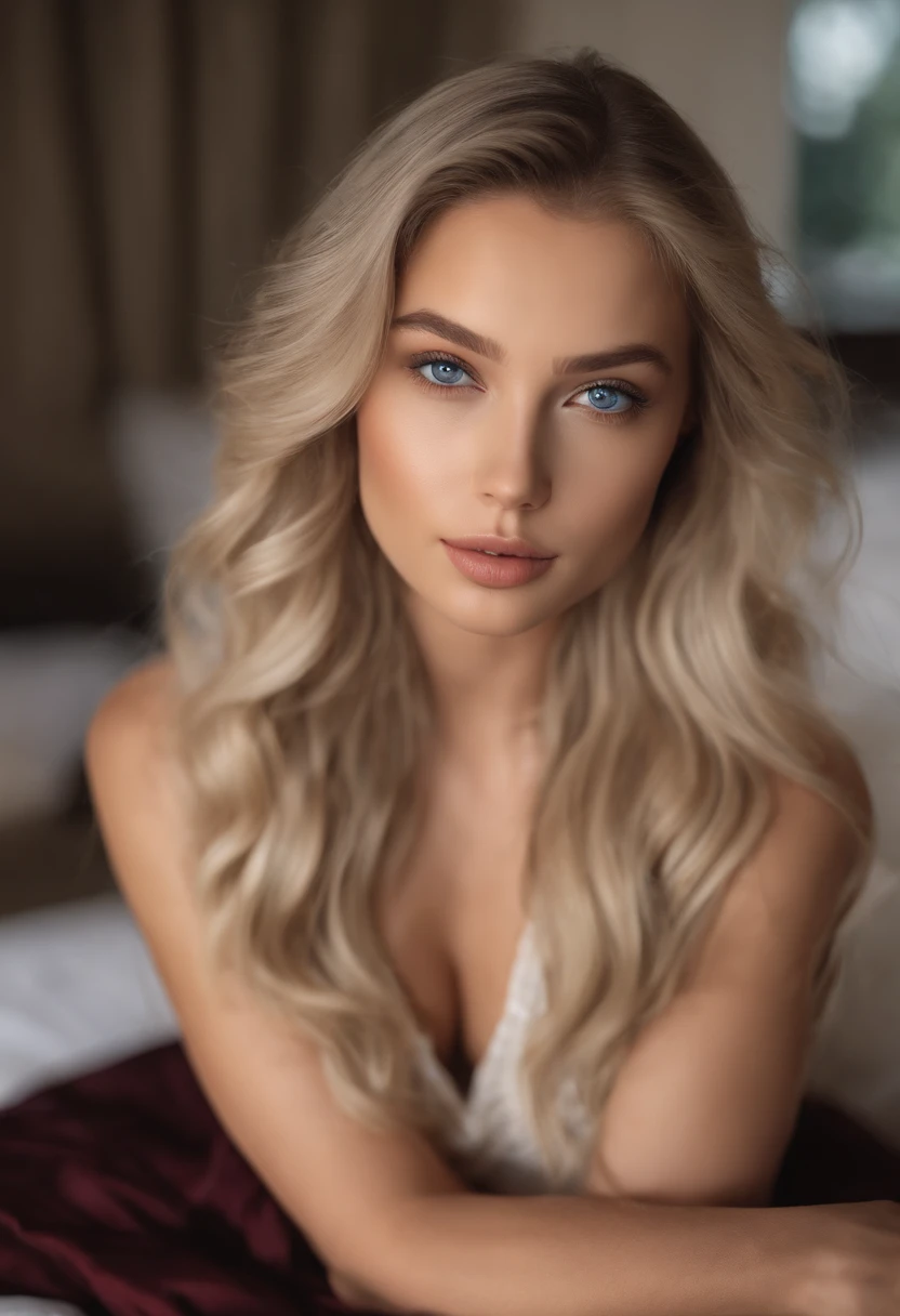 Arafed woman in full , Sexy girl with blue eyes, ultra realistis, Meticulous detail, portrait sophie mudd, blonde hair and large eyes, selfie of a young woman, bedroom eyes, violet myers, no makeup, natural makeup, looking straight at camera, face with artgram, fine makeup, Stunning full-length shot, kneeling on bed, in bedroom, Bust of large size