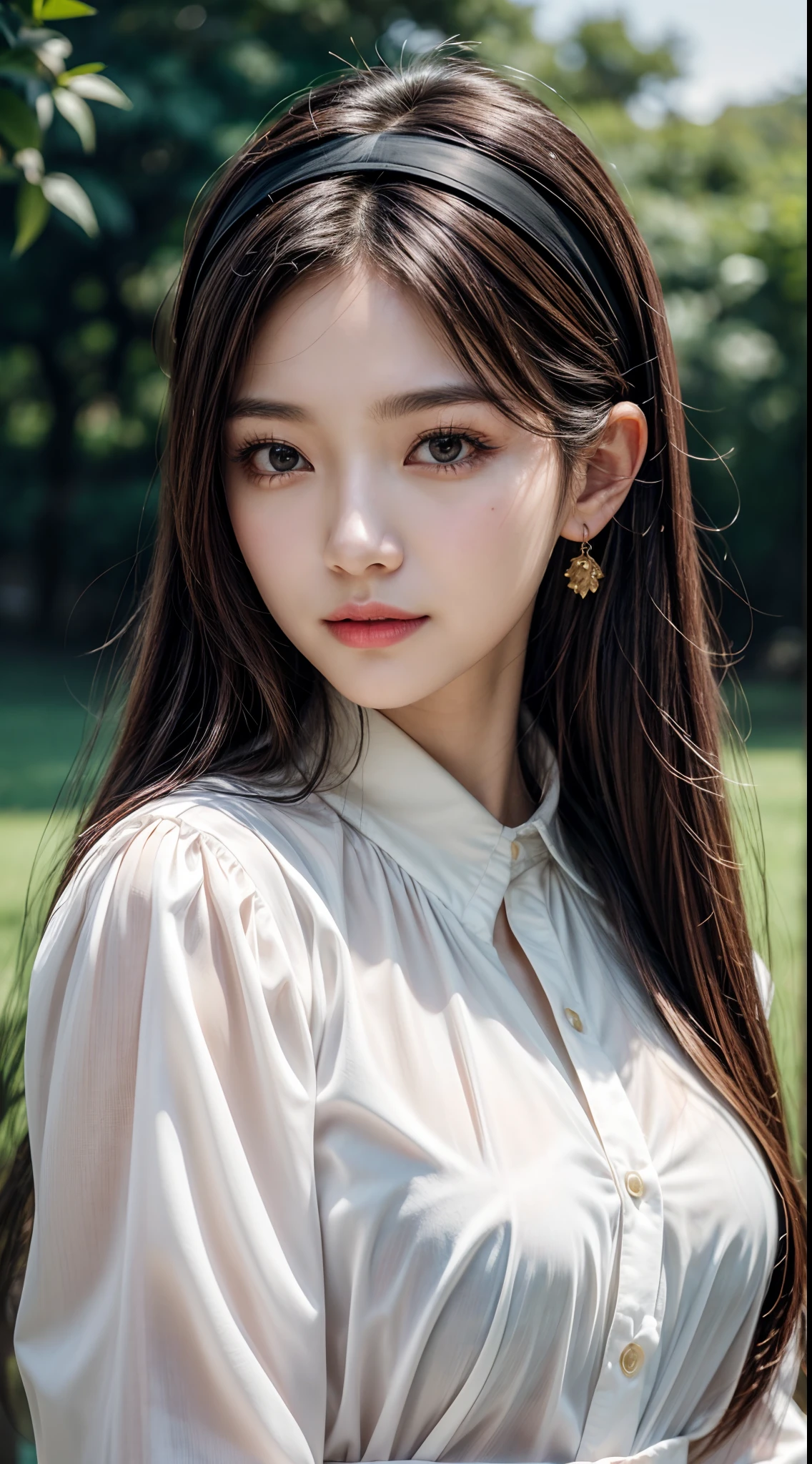 (masterpiece:1.3), (8k, photorealistic, RAW photo, best quality: 1.4), (1girl), beautiful korean face, (realistic face), (black hair, straight long hair:1.3), beautiful hairstyle, realistic eyes, beautiful detailed eyes, (realistic skin), beautiful skin, (red hairband, luxury white blouse), outdoor, smile, absurdres, attractive, ultra high res, ultra realistic, highly detailed, golden ratio.
