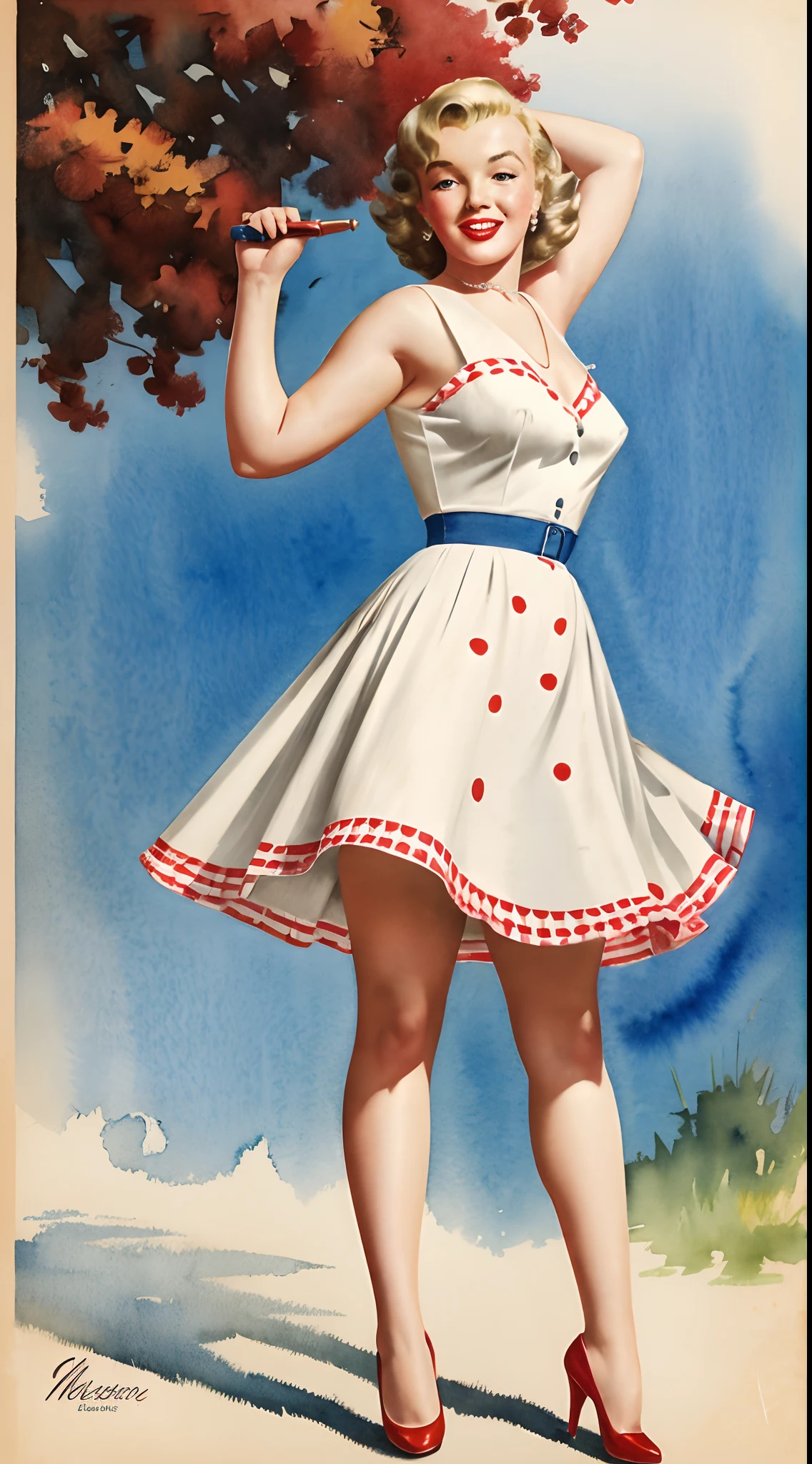 1950s Watercolor, Pen and Ink, 25 yo Marilyn Monroe in retro fashion, pin-up style, full body shot, depiction of rural life, light gray and light brown and red and white and blue, in the style of classical Americana, mottled, playful innocence, dotted, cutout from white background, in the style of Andrew Loomis, masterpiece art work,