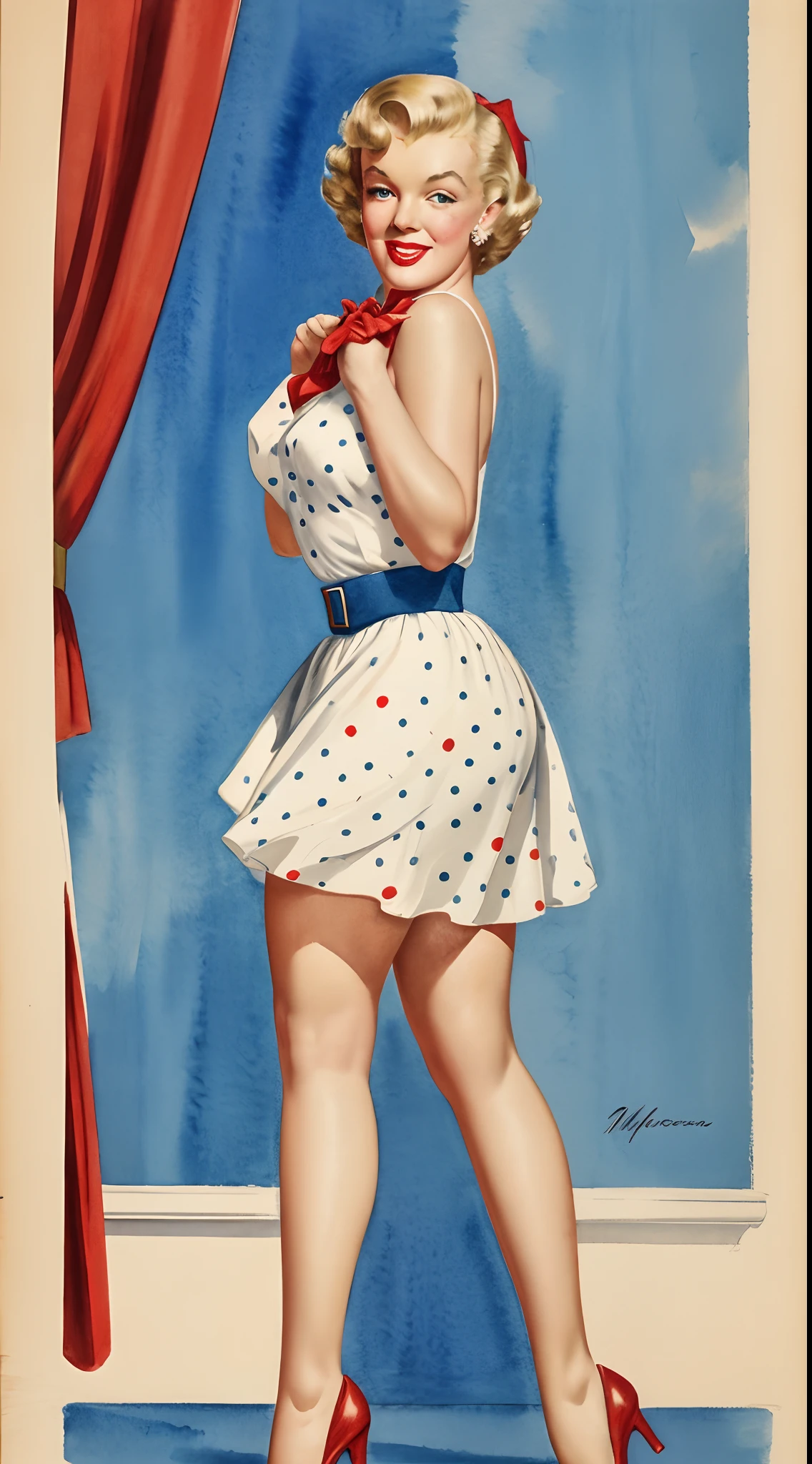 1950s Watercolor, Pen and Ink, 25 yo Marilyn Monroe in retro fashion, pin-up style, full body shot, depiction of rural life, light gray and light brown and red and white and blue, in the style of classical Americana, mottled, playful innocence, dotted, cutout from white background, in the style of Andrew Loomis, masterpiece art work,