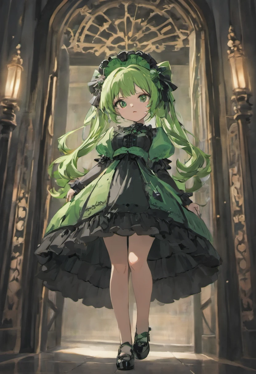 Costume planning theme Halloween, Gothic ta, Gothic, Black-white details, Full body front design, gothic loliirl, loli, lo dressh frill and lace, (black, white, green pallette color: 1.3)
