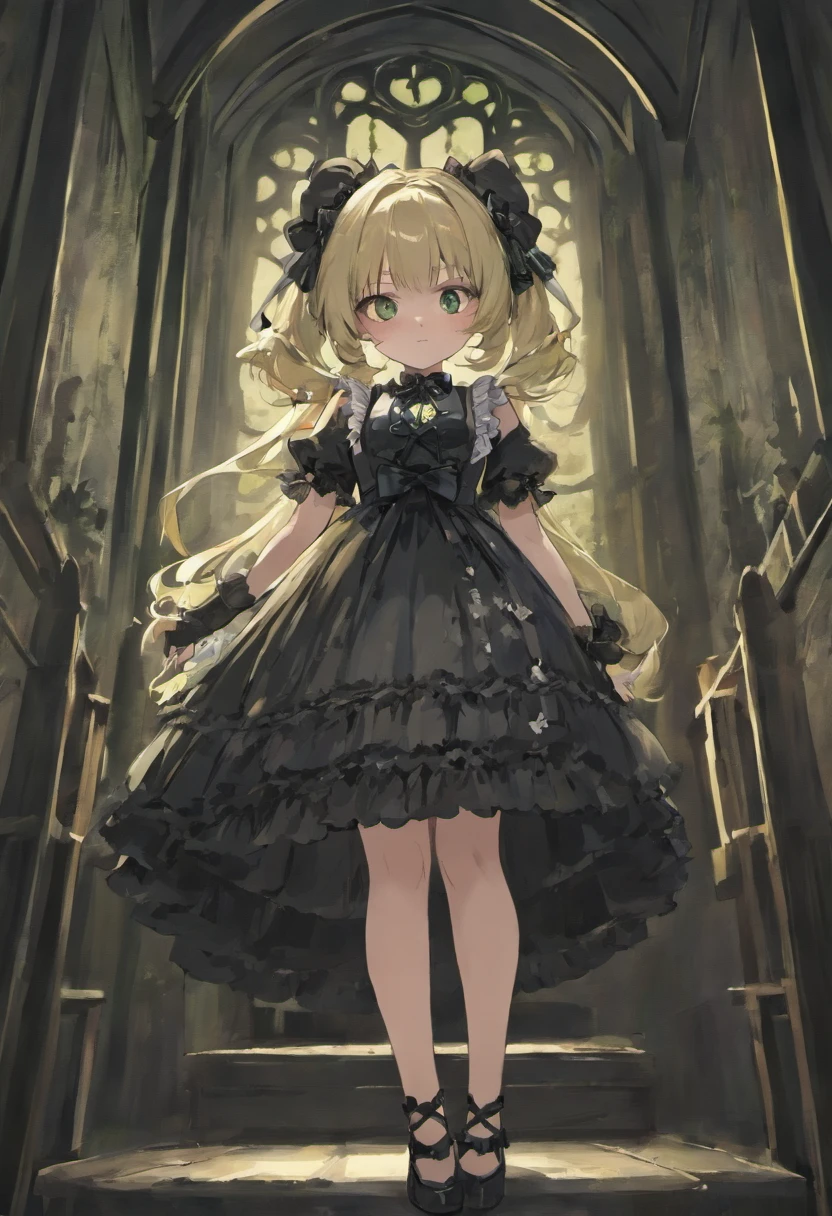 Costume planning theme Halloween, Gothic ta, Gothic, Black-white details, Full body front design, gothic loliirl, loli, lo dressh frill and lace, (black, white, green pallette color: 1.3)