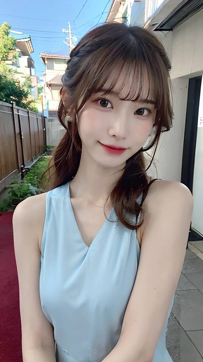 (masterpiece:1.3), (8K, Photorealsitic, Raw photography, Top image quality: 1.4), Japan high school girls、(Random hairstyles:1.2)、(small tits)、Super Detail Face、Eye of Detail、二重まぶた、foco nítido:1.2、prety woman:1.4、light brown hair、Yokai Maki、top-quality、masterpiece、超A high resolution、(Photorealsitic:1.4)、slender、A smile、(eye line:0.8)、(Looking at the camera)、((natta:1.3))、 (aqua dress:1.4)、(outside of house、natta:1.1)、walking on street