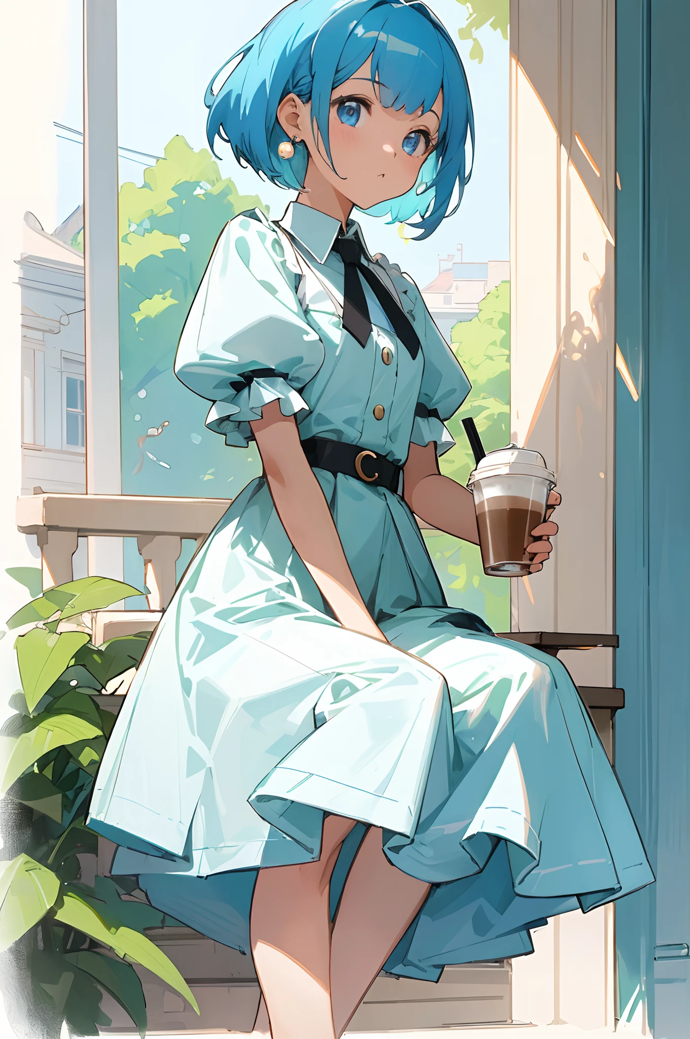 (masterpiece, best quality) detailed, 1Character , blue archive art style , pastel washed out colors , cell shade ,Morning scene , drinking coffee, high detail in the drink , sunny day , at a coffee shop , dynamic angle ,
Wearing a black button up , puffy sleeves , a short white tie , little Pearl earrings,
Pretty girl ,very short haor , blue hair, a bob hair style , blue eyes , light skin , age 24,