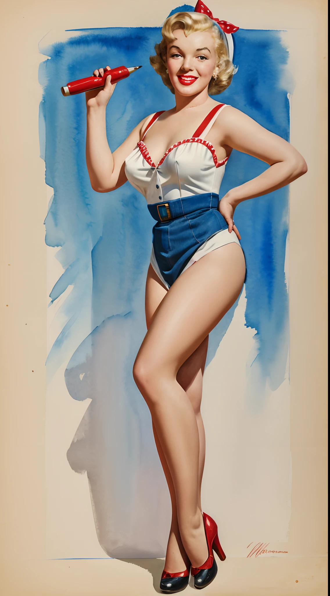 1950s Watercolor, Pen and Ink, 25 yo Marilyn Monroe in retro fashion, pin-up style, full body shot, depiction of rural life, light gray and light brown and red and white and blue, in the style of classical Americana, mottled, playful innocence, dotted, cutout from white background, in the style of Andrew Loomis, masterpiece art work,