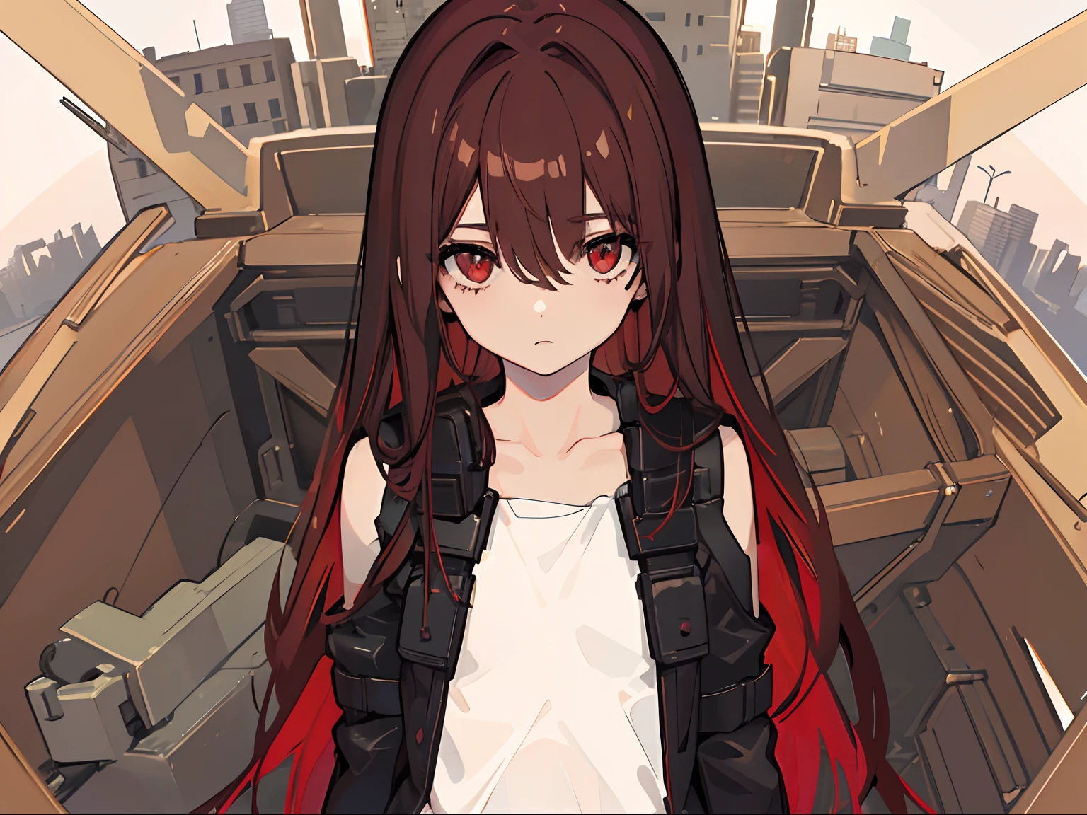 1girl, long dark red brown hair, dark red brown eyes, one eye bandaged, wearing white dress, slim body, loli body petite, small chest size, post-apocalyptic city, absurdres, high res, ultrasharp, 8K, masterpiece, looking at viewer