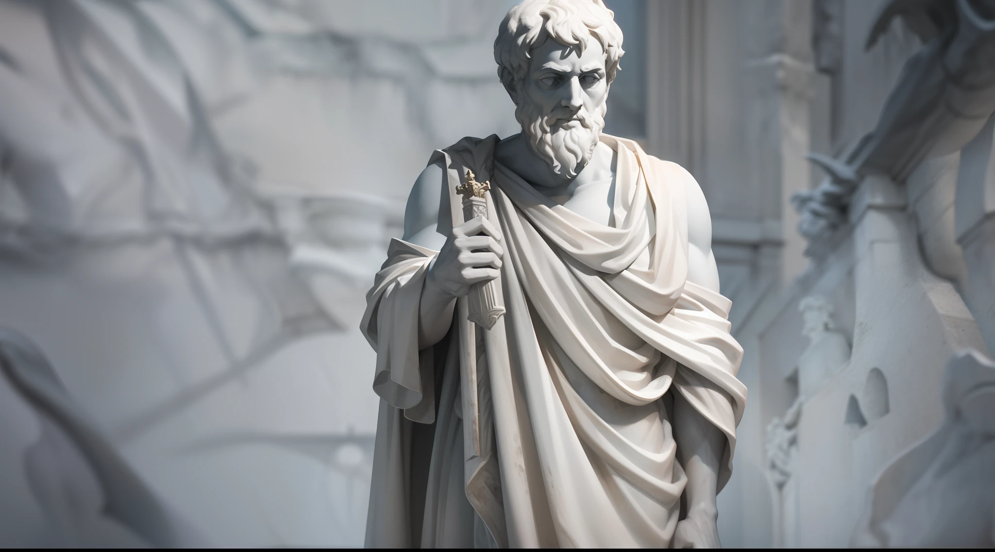 A realistic Greek white marble statue of aristotle brave scary detailed wearing a ghostly toga, fundo neutro, Moody, , fotorrealista, Scary Movie Dinner, super detalhada, hiper realista, luzes brilhantes, 8 K