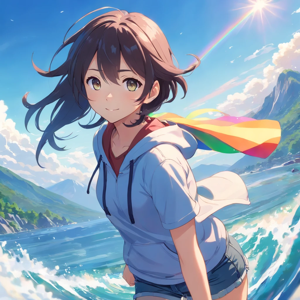 Generate a masterpiece featuring a solo anime girl character, black normal long hair, shiny rainbow eyes, white shiny skin, pretty smile on face, pink hoodie, jeans shorts, enjoying the moment, whole body floating in cloudy blue sky, bright sunny day chilly air, hair floating, capture he in upward camera angle, far camera angle, capture mountains downward her, water transparent fishs swirling around her, her appearance reflecting on fishs, sunlight reflecting on her eyes, extra eyes detailed, extra face detailed, extra hair detailed, extra texture detailed, extra outfit detailed, high resolution wallpaper, high quality image, inspired by Makoto shinkai art style, capture a tenki no ko movie iconic moment