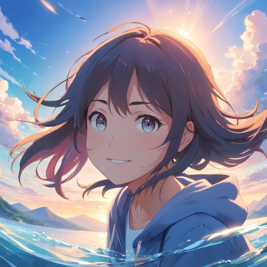 Generate a masterpiece featuring a solo anime girl character, black normal long hair, shiny rainbow eyes, white shiny skin, pretty smile on face, pink hoodie, jeans shorts, enjoying the moment, whole body floating in cloudy blue sky, bright sunny day chilly air, hair floating, capture he in upward camera angle, far camera angle, capture mountains downward her, water transparent fishs swirling around her, her appearance reflecting on fishs, sunlight reflecting on her eyes, extra eyes detailed, extra face detailed, extra hair detailed, extra texture detailed, extra outfit detailed, high resolution wallpaper, high quality image, inspired by Makoto shinkai art style, capture a tenki no ko movie iconic moment