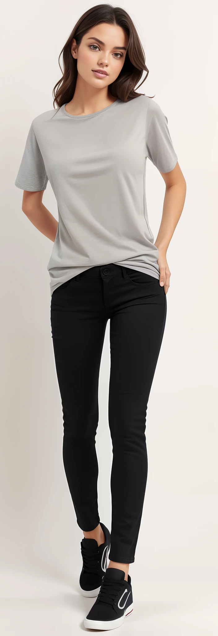A woman in a gray shirt and black pants posing for a photo, pants clothes pants clothing jeans black, pants clothes pants black jeans extremely tight, lacuna na coxa, black pants, pants clothes pants clothing jeans black, jeans, cintura fina, cintura magra e quadris grossos, perto de um magro, pants clothes tight jeans, garments, pants, clothing, jeans and t-shirt, pants clothes clothes jeans, cintura fina, ( ( ( wearing pants clothes pants jeans ) ) )