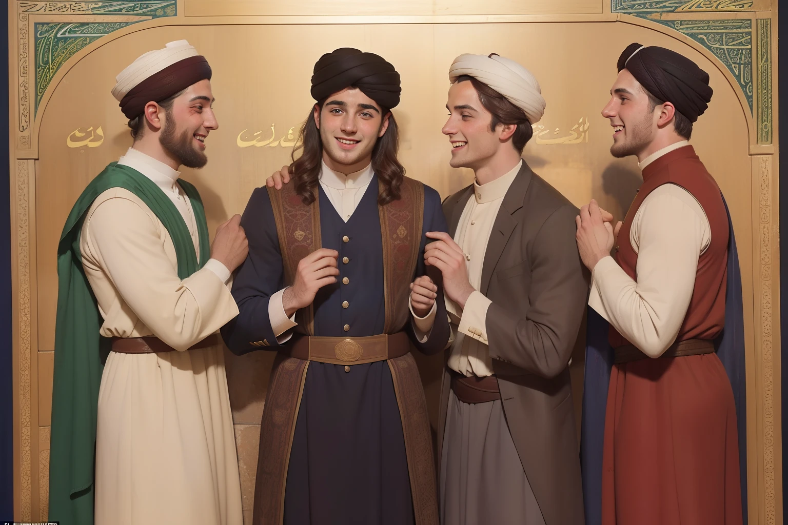 Year: 11th century. Location: Ispahan. Pre-raphaelite scene with ((three men)), a 22-year-old (english man), physician, with two more young men, celebrating, smiling, hugging with joy, ((happiness)) ((excitement)) ((friends)), ((((11th century qamis)))) ((11th century hairstyle)), (((cinematic style)))