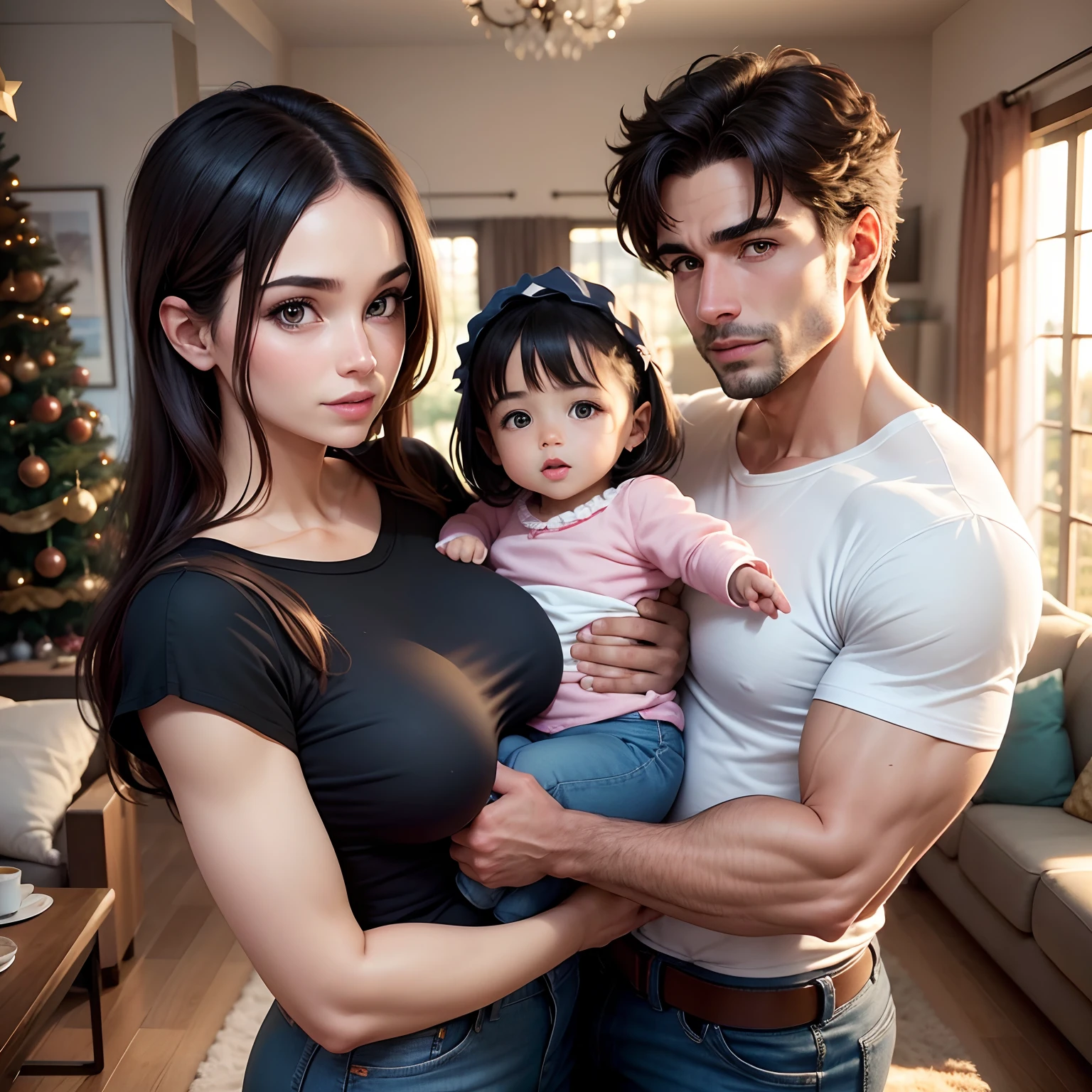 Melhor qualidade, ultra Hd, Casal, Man and woman embraced holding a in their arms, homem, Standard strong physique, cabelo preto e curto, de jeans escuro, de camisa preta. Mulher de jeans escuro, of black blouse of alçinhas, cabelo preto, scenery in a living room, Scenery with tree and Christmas ornaments. Baby clothes.