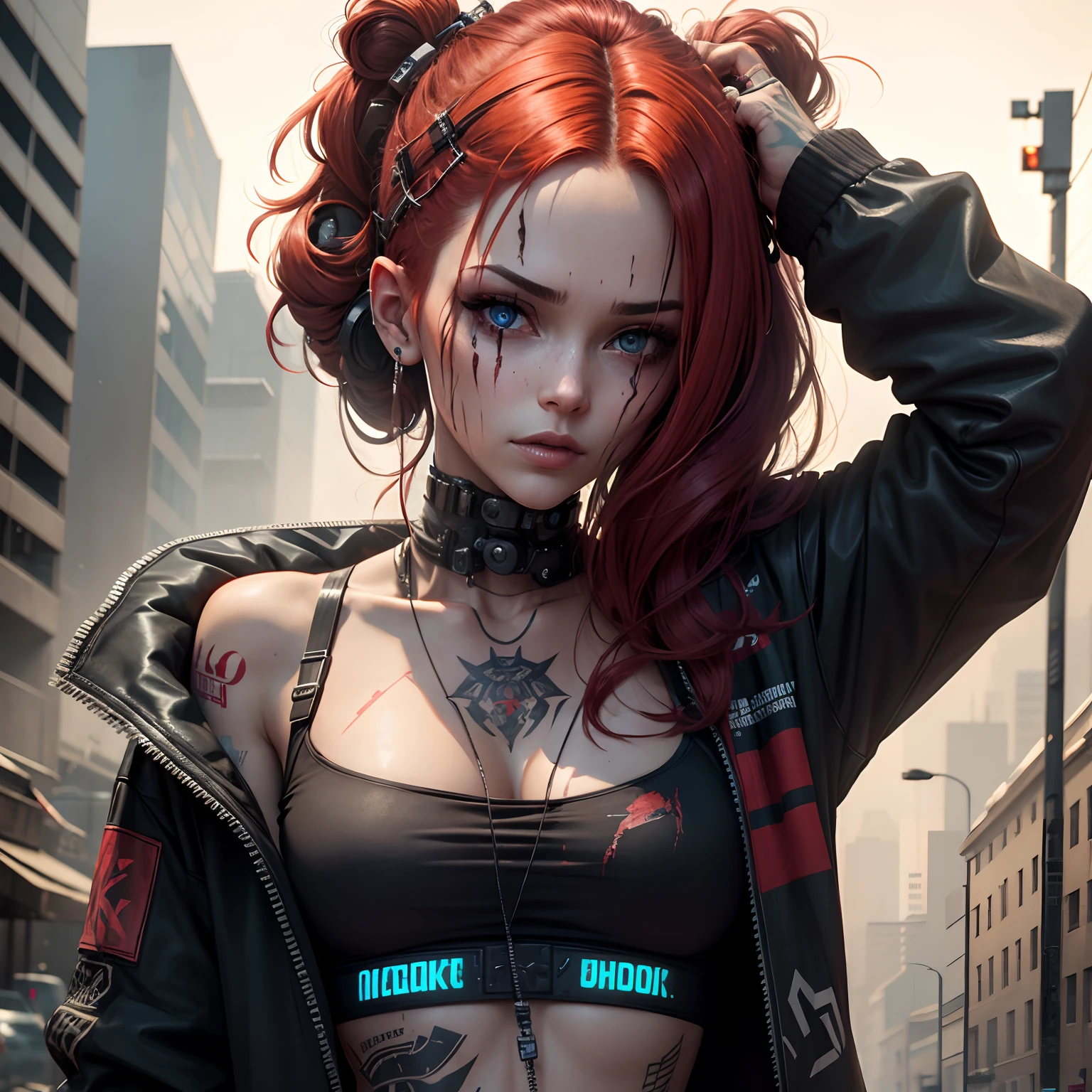 Cyberpunk, damged, robot, dead robot, wires, lose a part of her face in war, wires came out in the lose part of face, trashed, cyberpunk damged, trashed in a big garbge, red hair, tattoo on a part of her face, cyber tattoo, numbers, sexy girl tattoo on her sholder and neck. France face girl