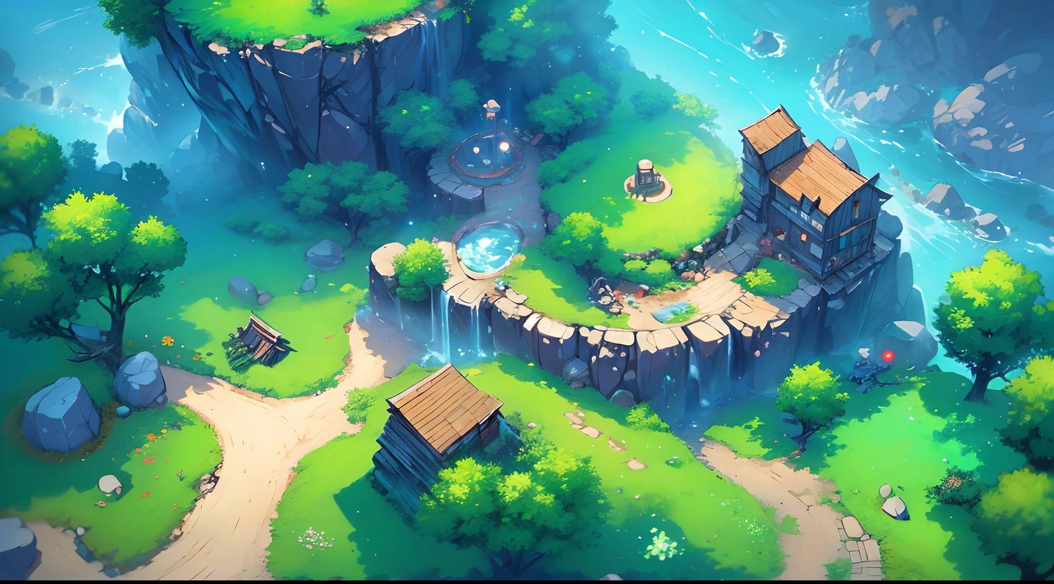 a close up of a small town surrounded by trees and rocks, anime scenery concept art, scenery game concept art, environment design illustration, painted as a game concept art, environment concept art, painterly concept art, background art, 2d game environment design, environment art, anime countryside landscape, environment design, environment and concept art, stylized concept art