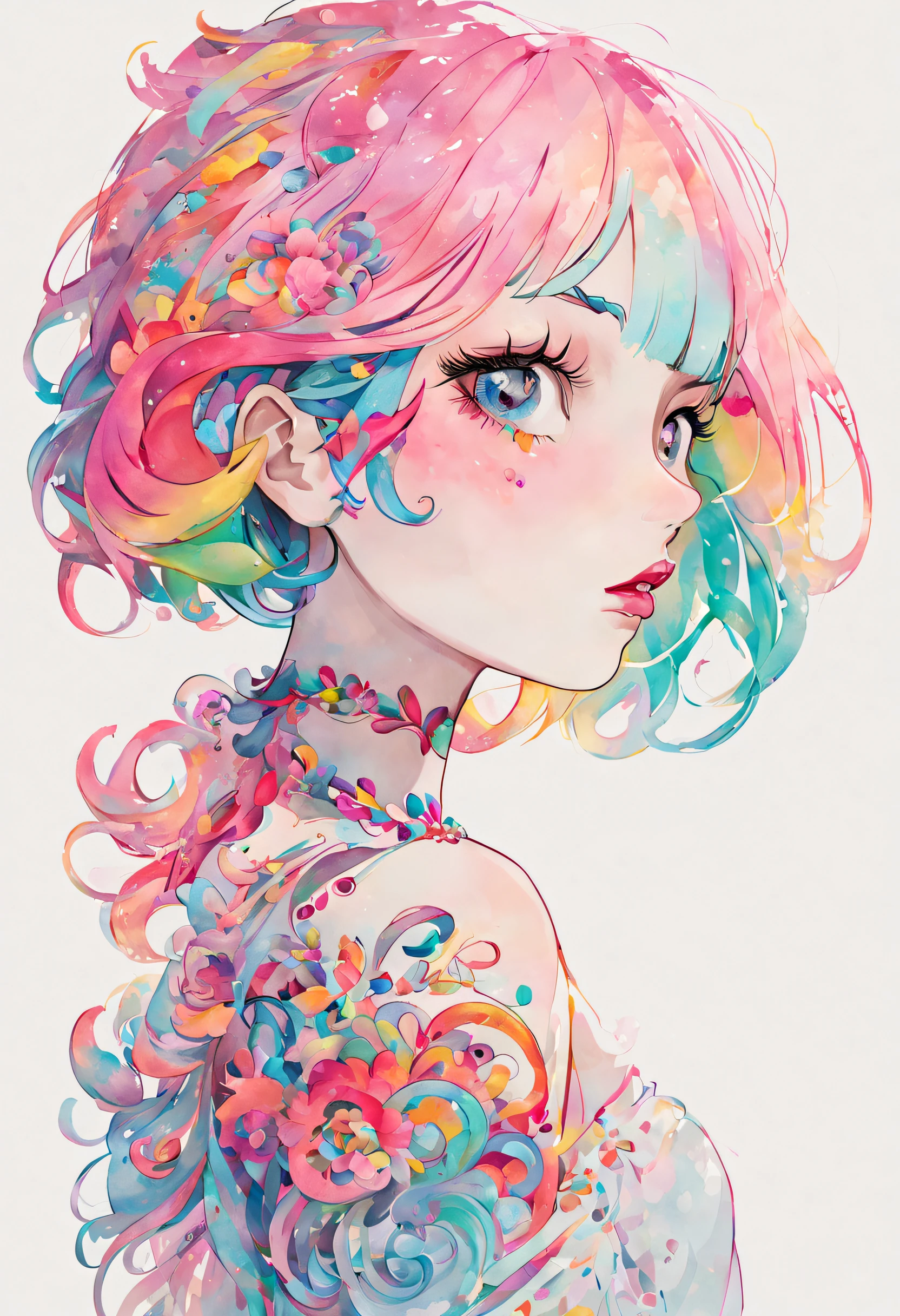 Experimente a obra-prima de alta qualidade, High-resolution art with a touch of vibrant colors on a clean white background. A sweet girl with rainbow hair and pink lips is in the foreground, its upper body adorned with intricate details and stylistic rendering